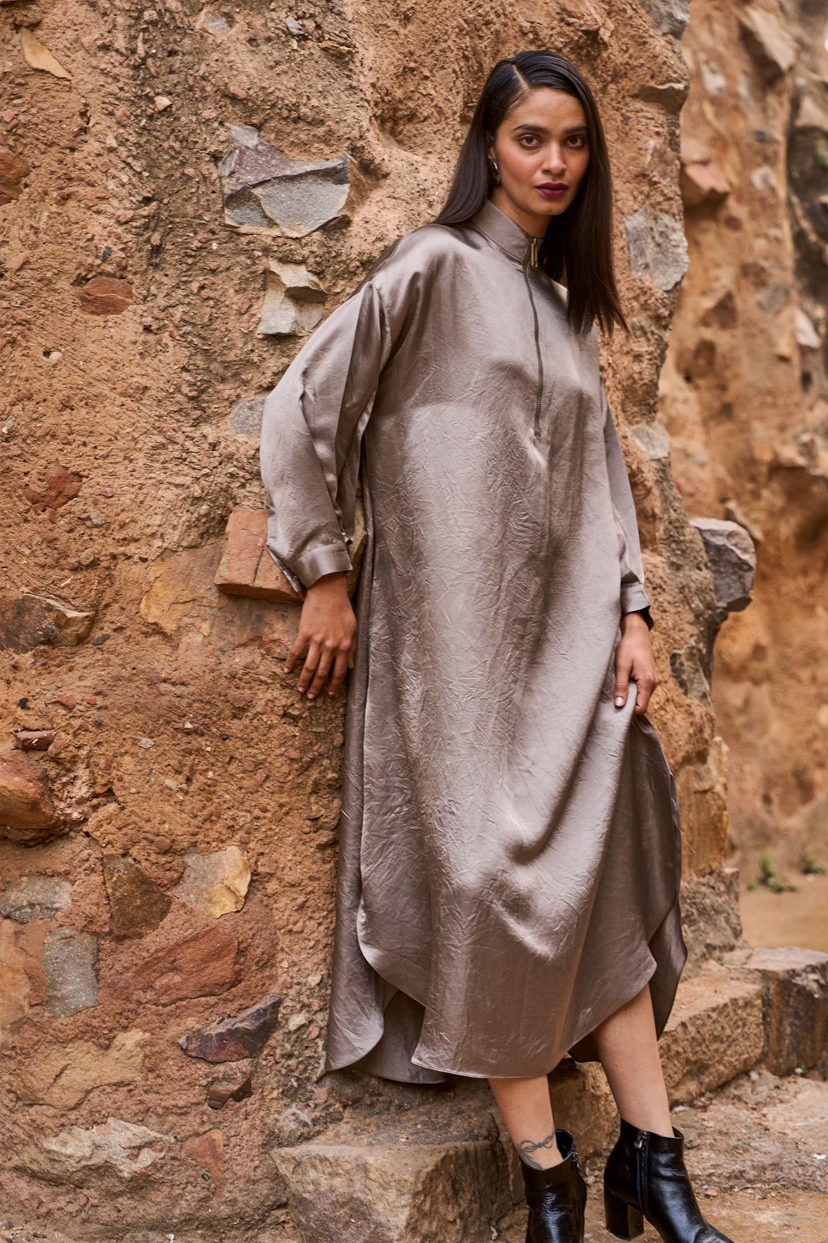 Grey Zip Neck Midi Dress