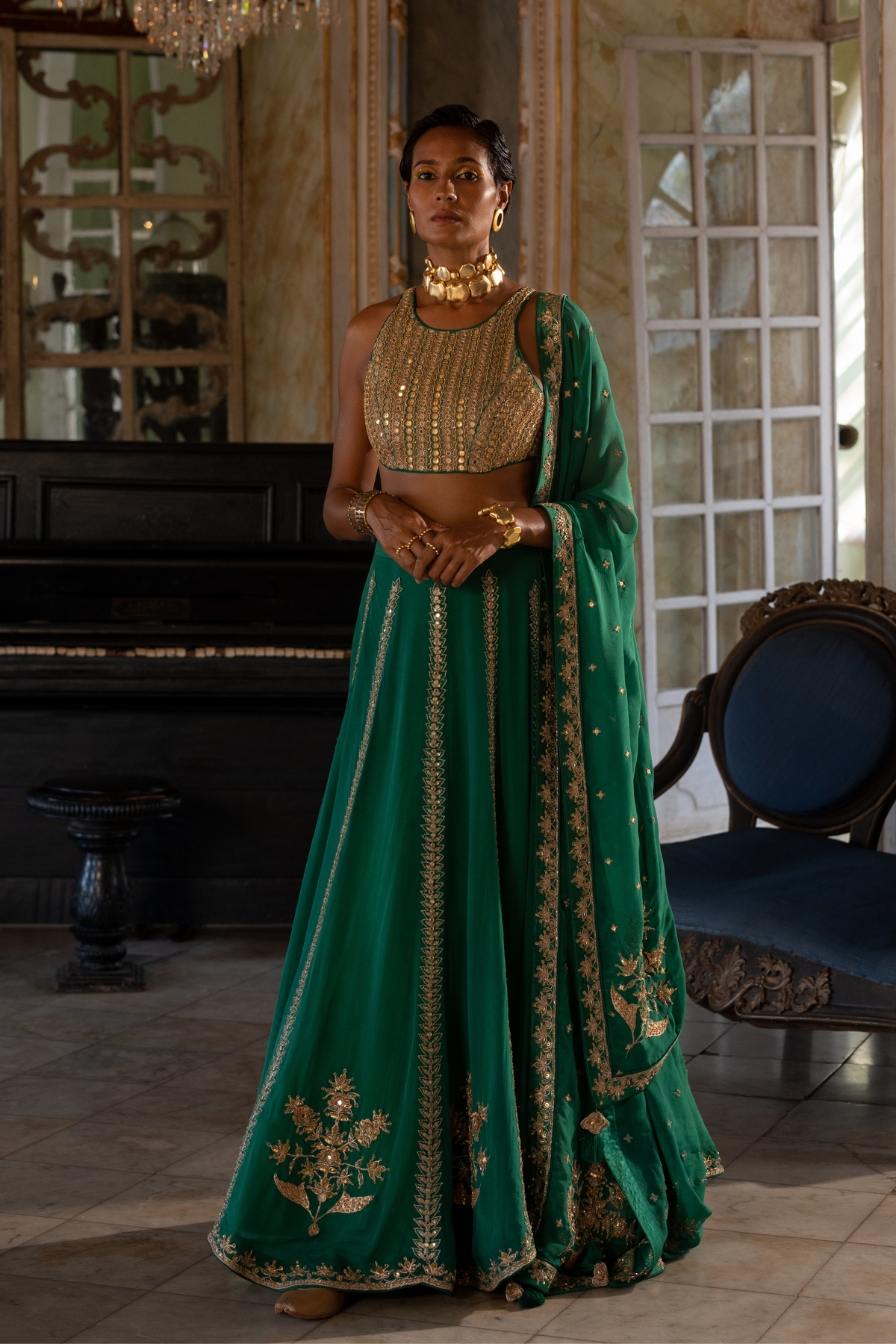 Green mirror Blouse Lehenga Set
