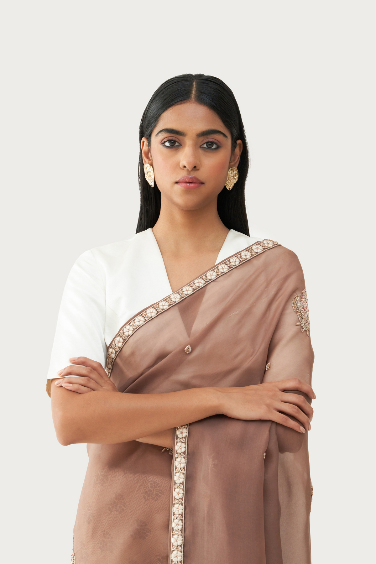 Niloufer millefluer mud brown embroidered saree
