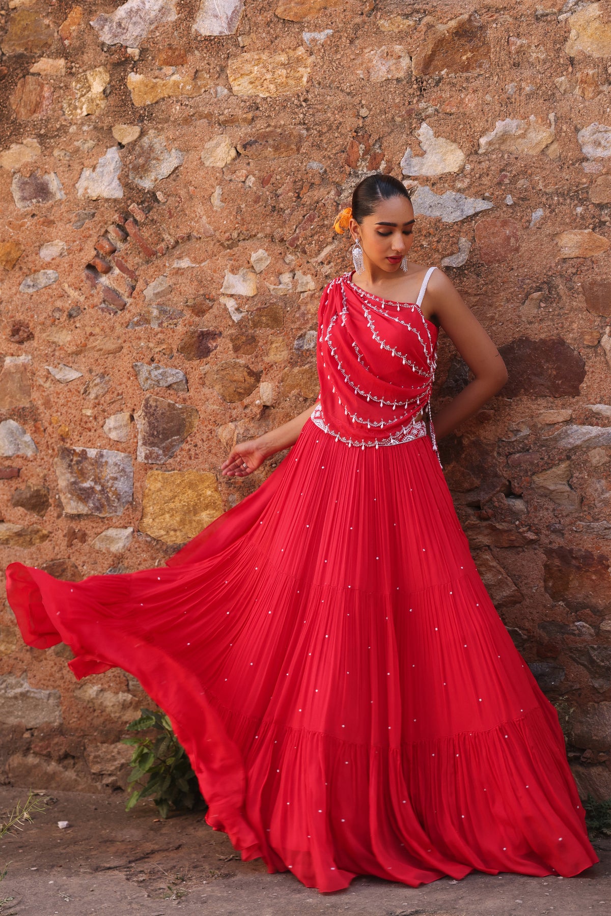 Disha Embellished Blouse with Tiered Lehenga