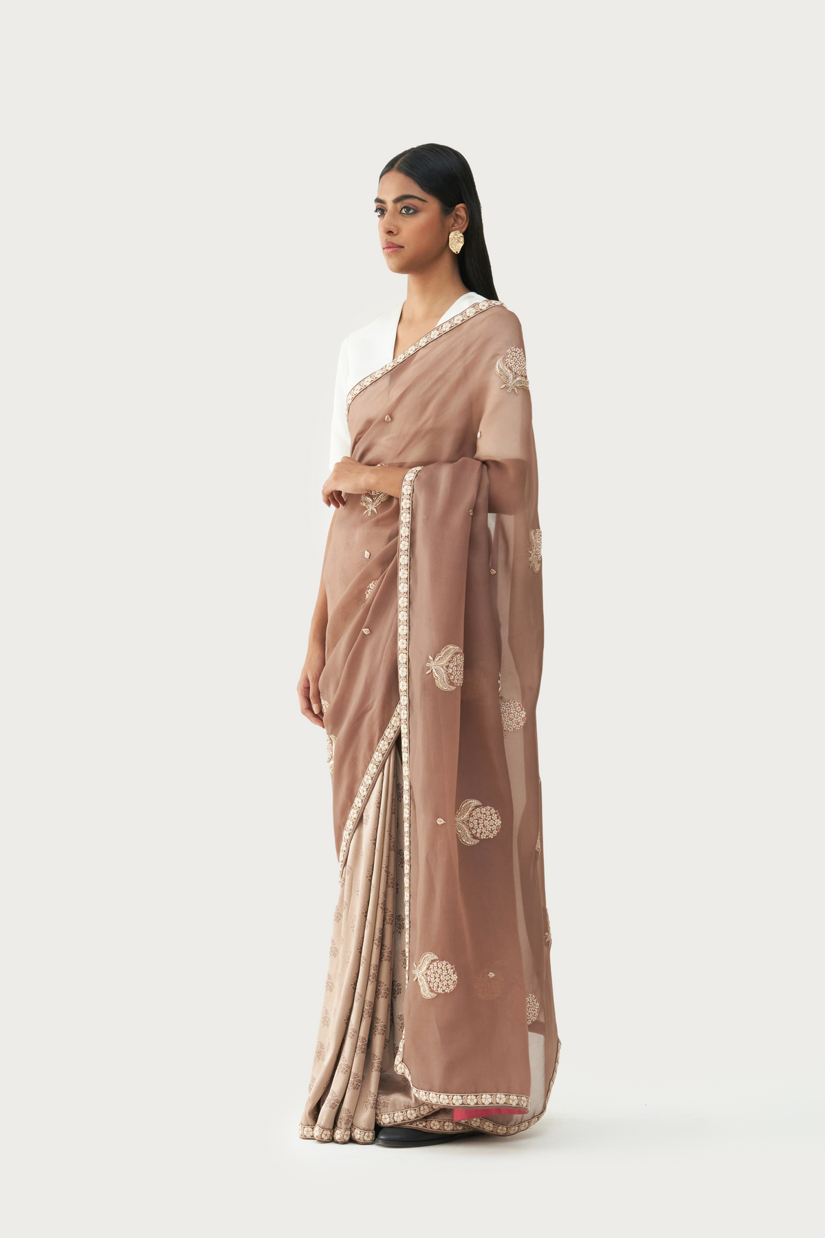 Niloufer millefluer mud brown embroidered saree