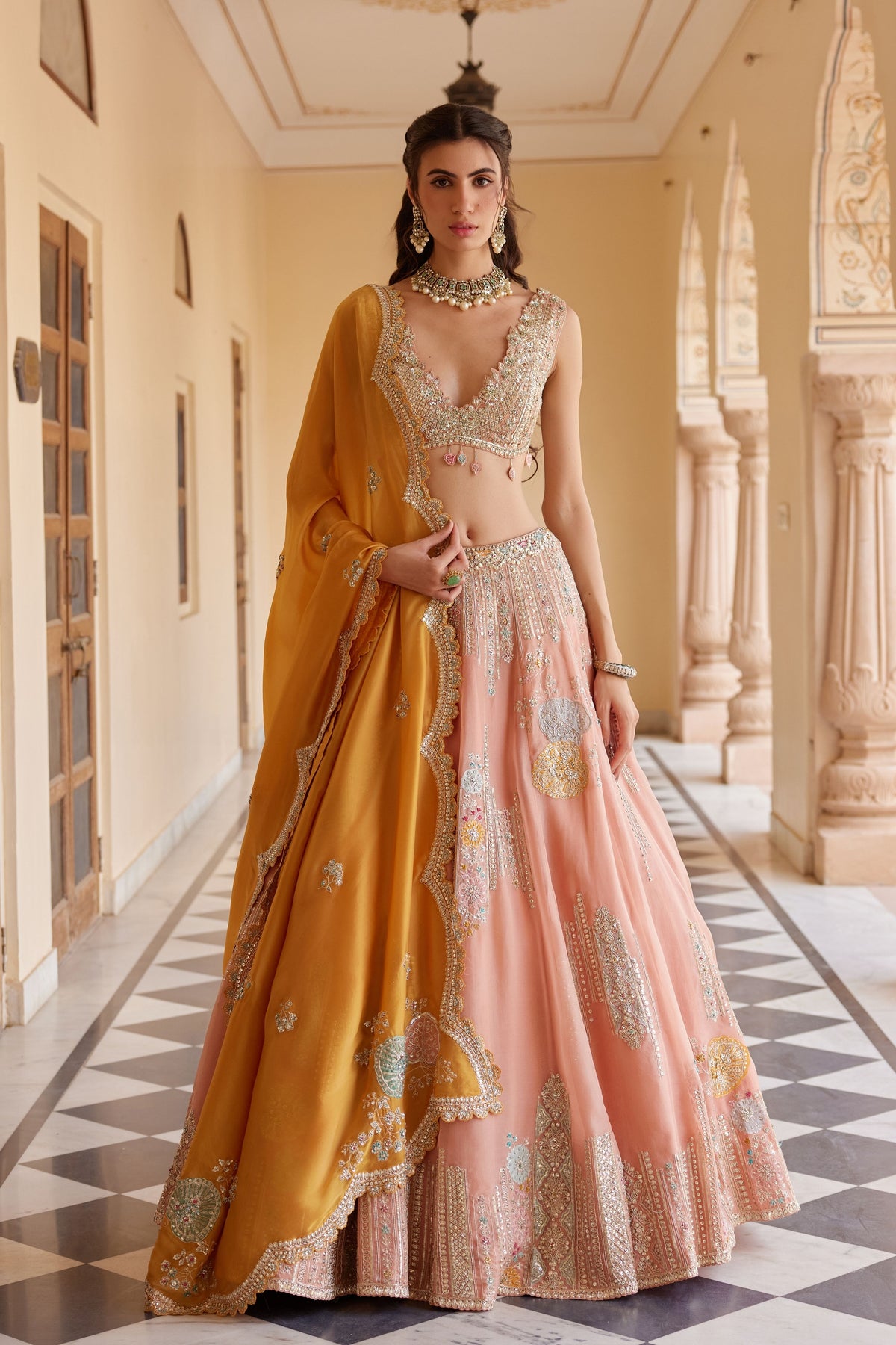 Salmon Peach Embroidered Lehenga Set