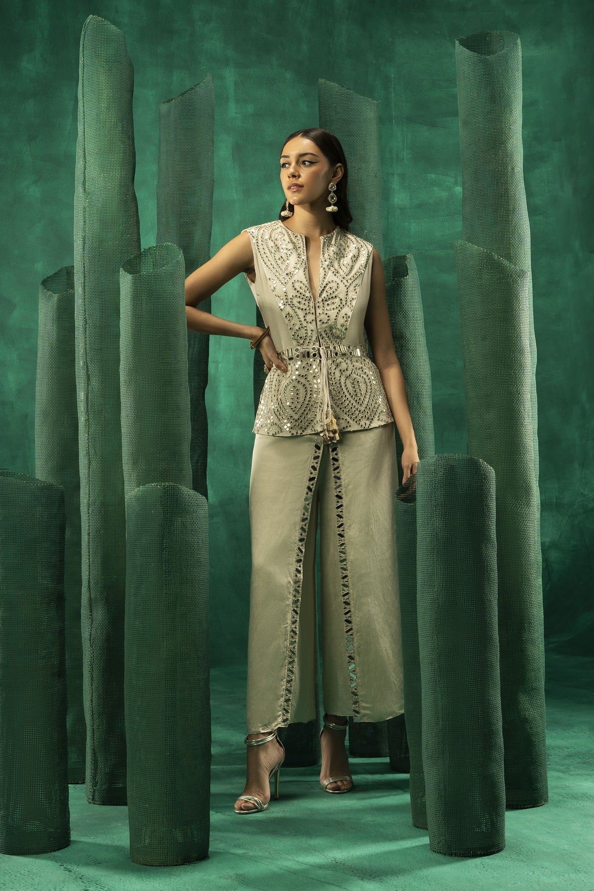 Embellished Linen Satin Pants