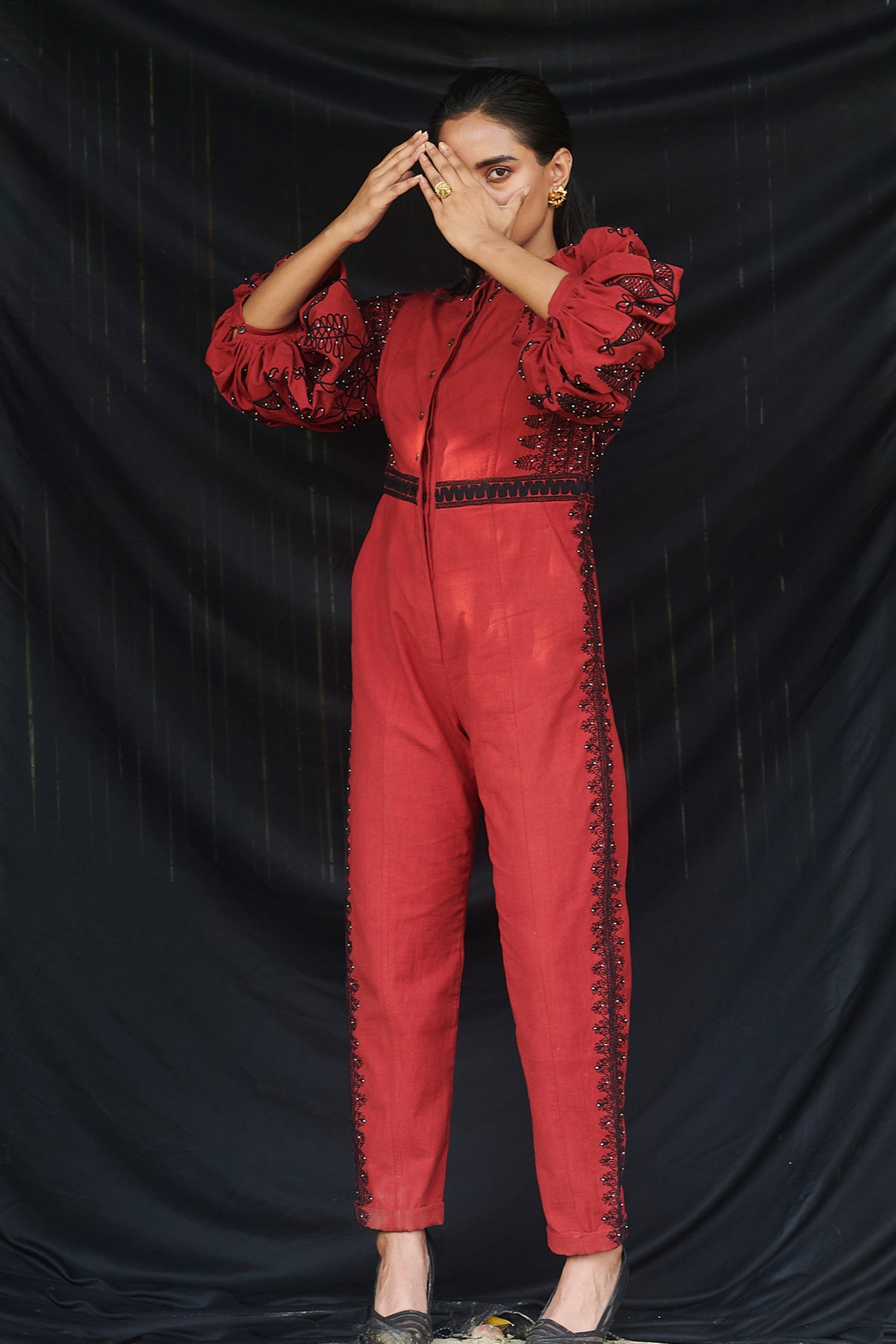 Red cord work jumpsuit