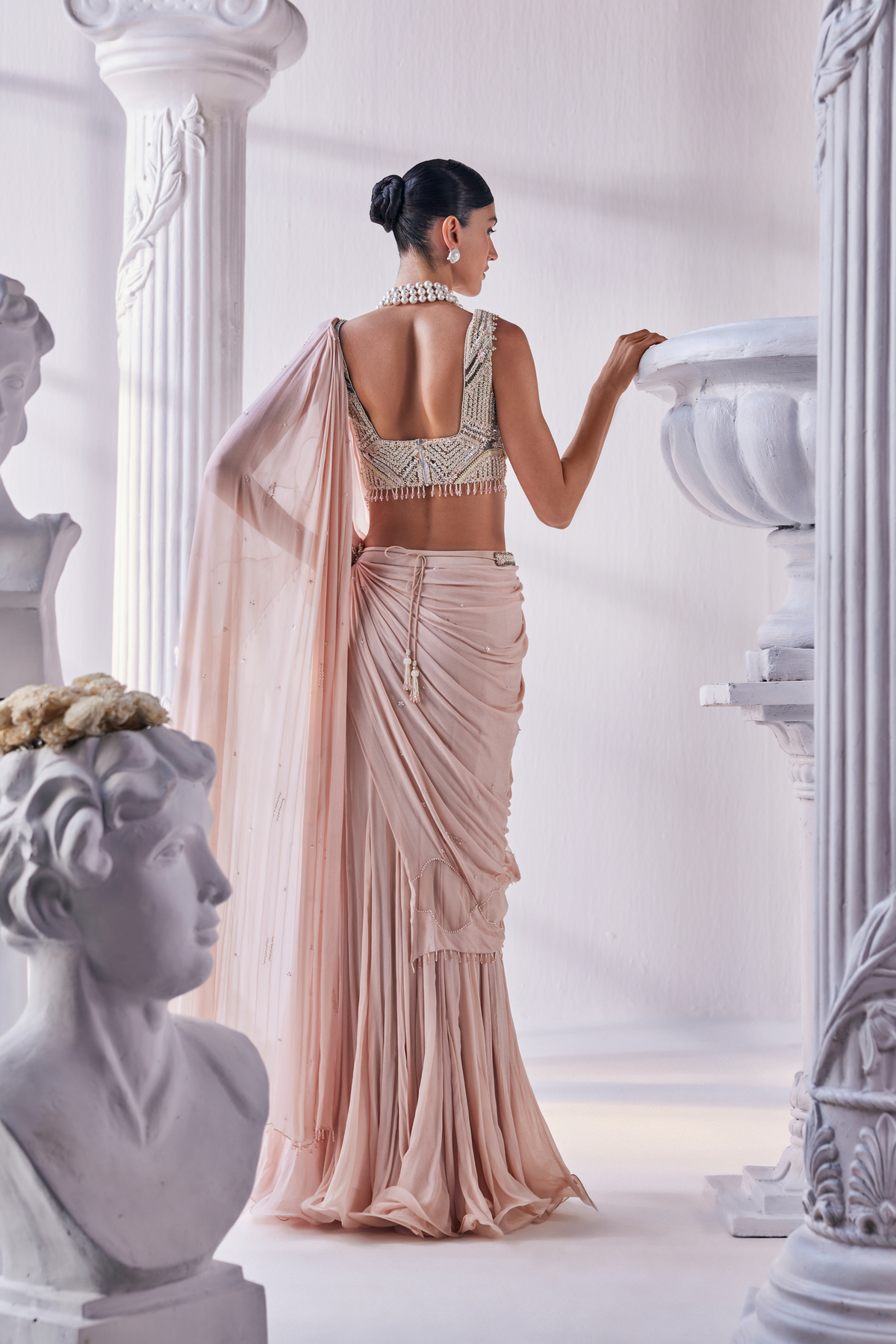 Peach Chiffon Drape Saree Set