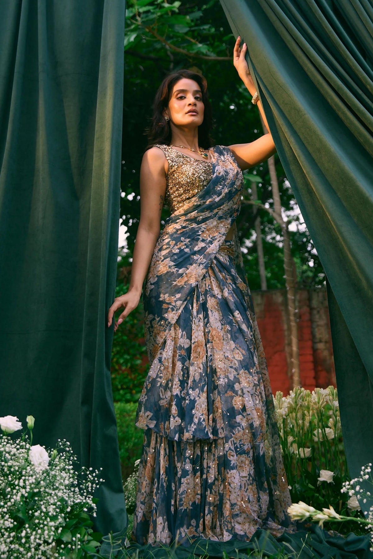 Teal Blue Floral Saree