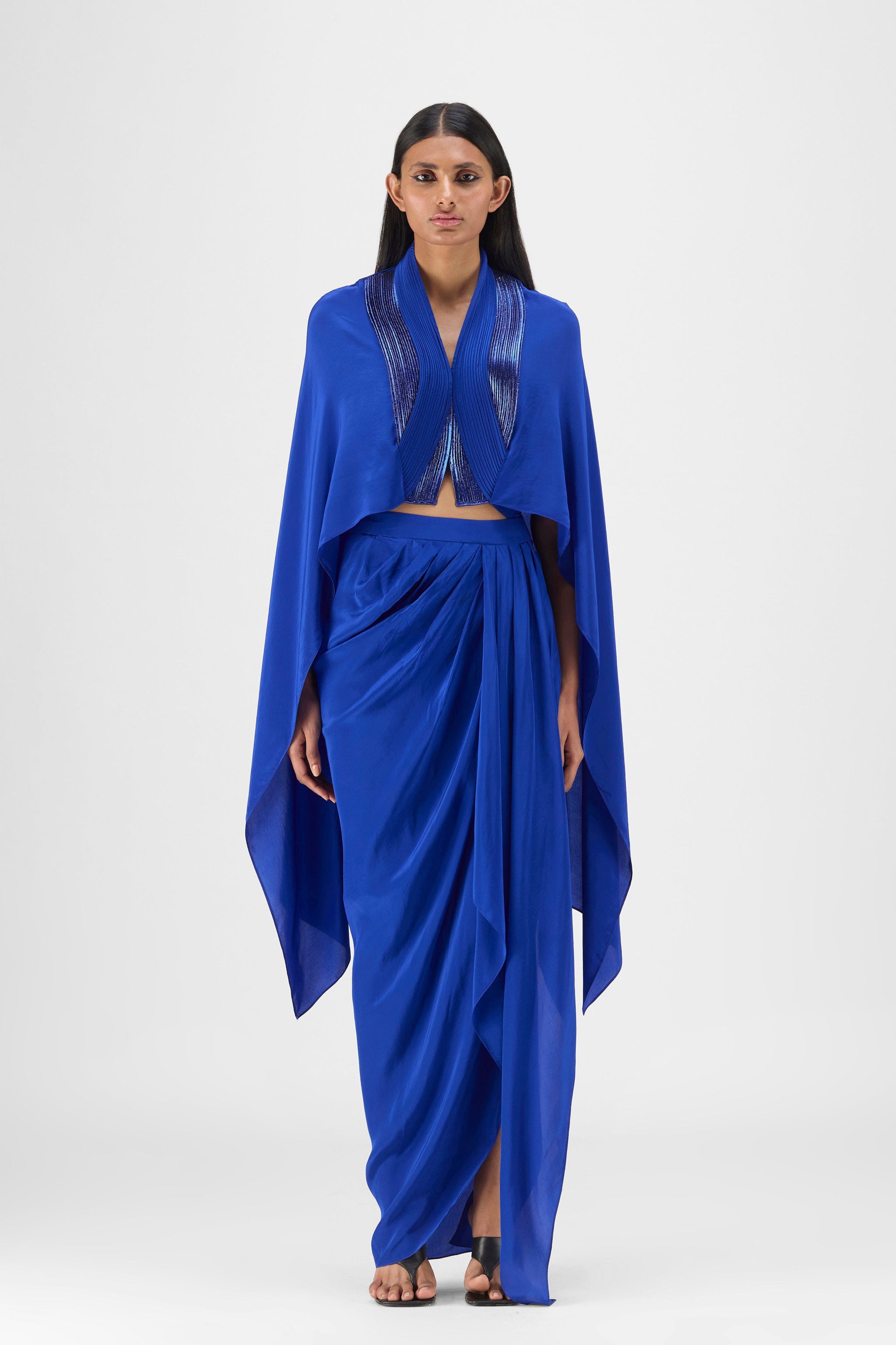 Structured Cape Amit Aggarwal - Blue Metallic Structured Cape Set - Elahe