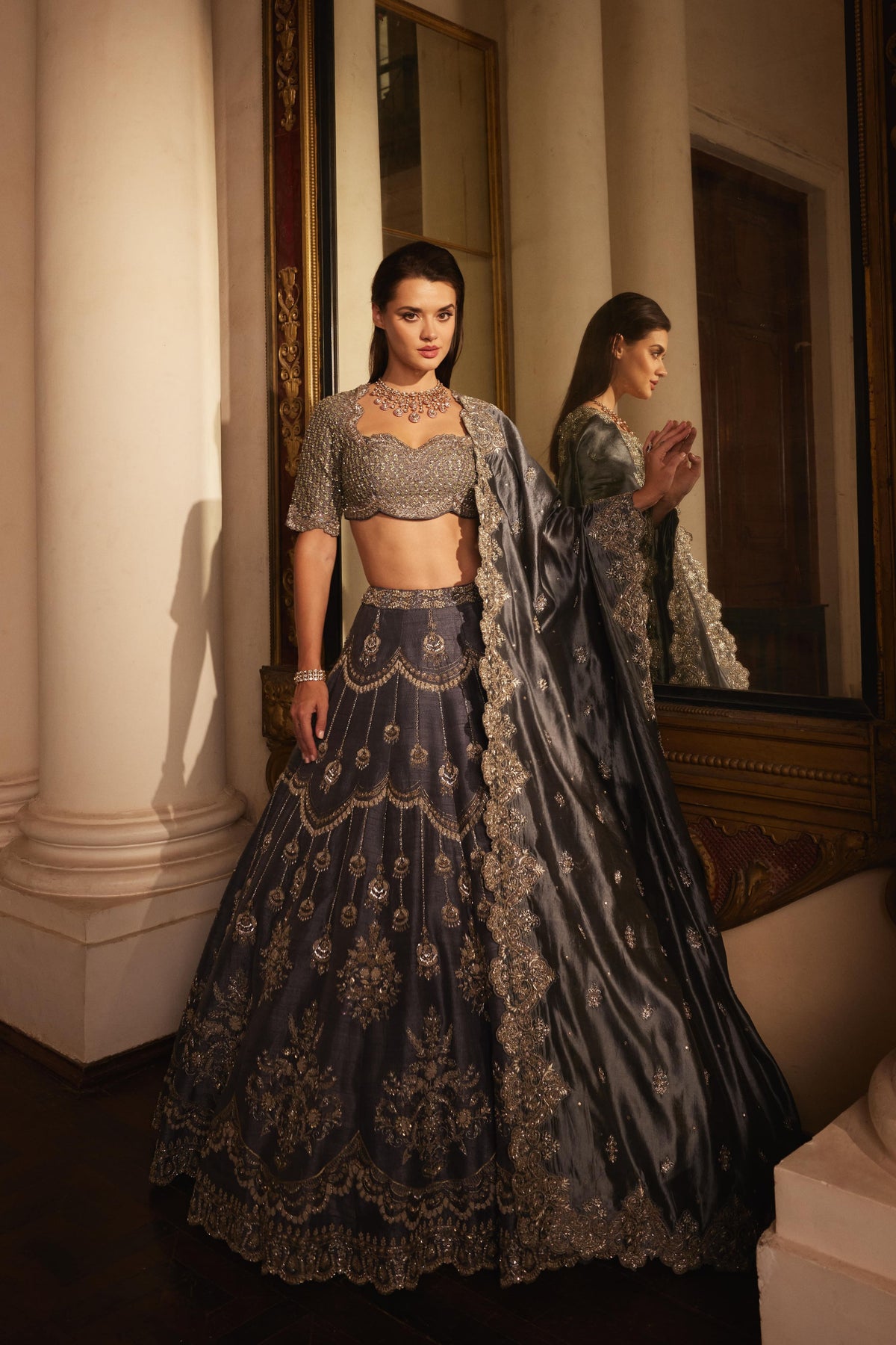 Teal Grey Embroidered Lehenga Set