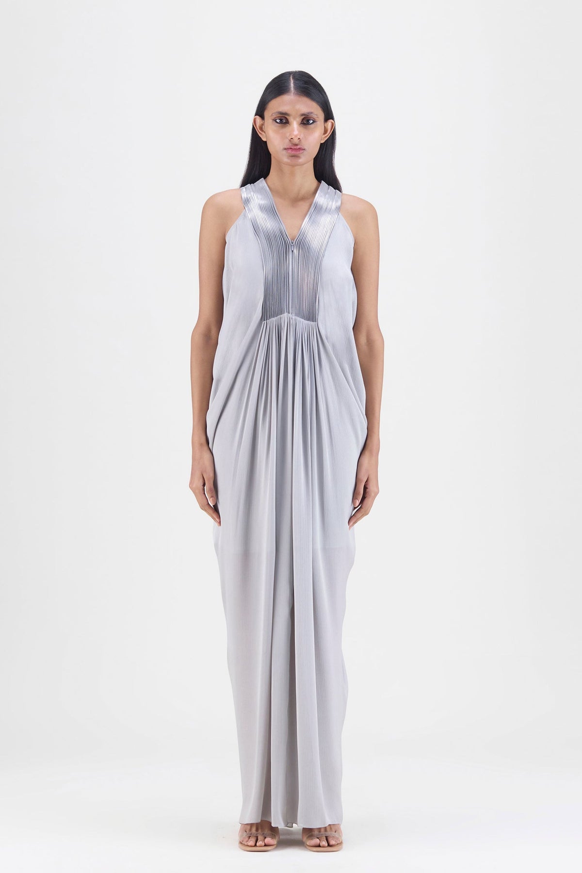 Structured Plisse Gown in Steel