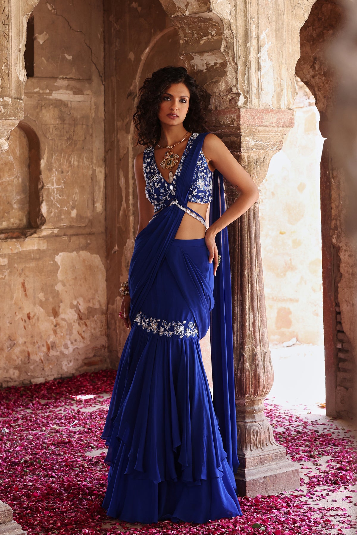 Ayesha Asymmetric Pre-Stitched Saree in Electric Blue