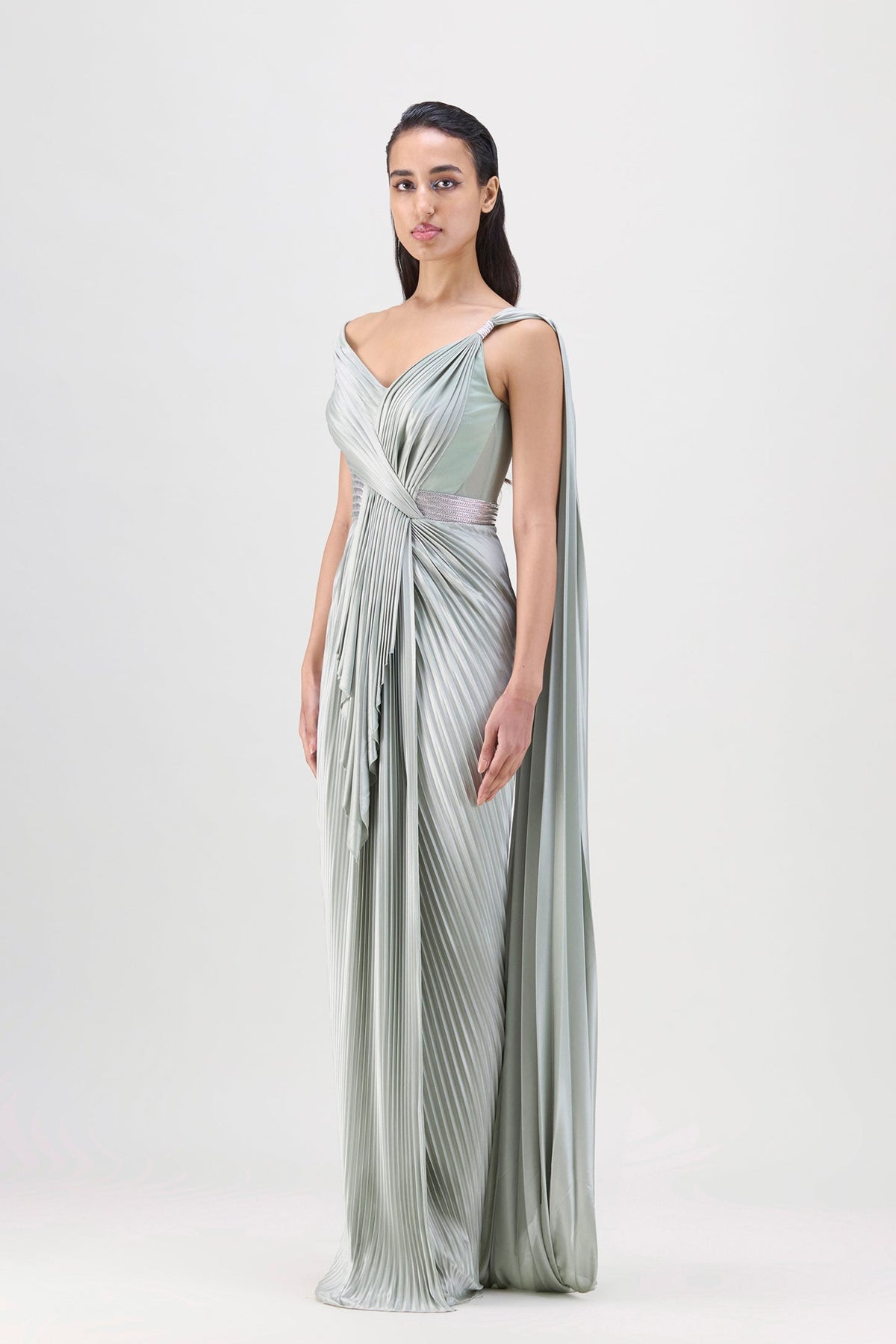 Sage Structured Plisse Saree