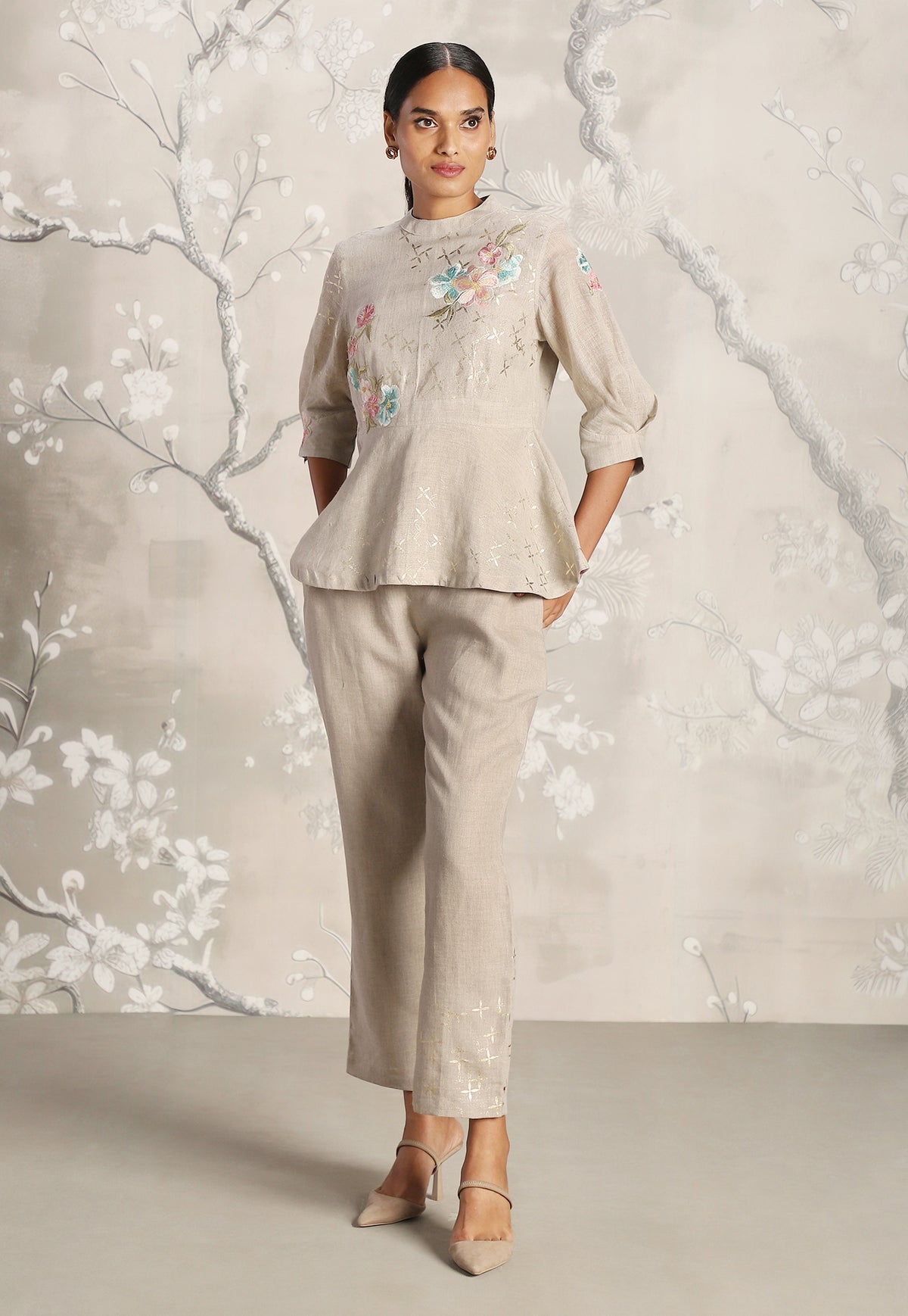 Natural Corsage Peplum Top and Pant Set