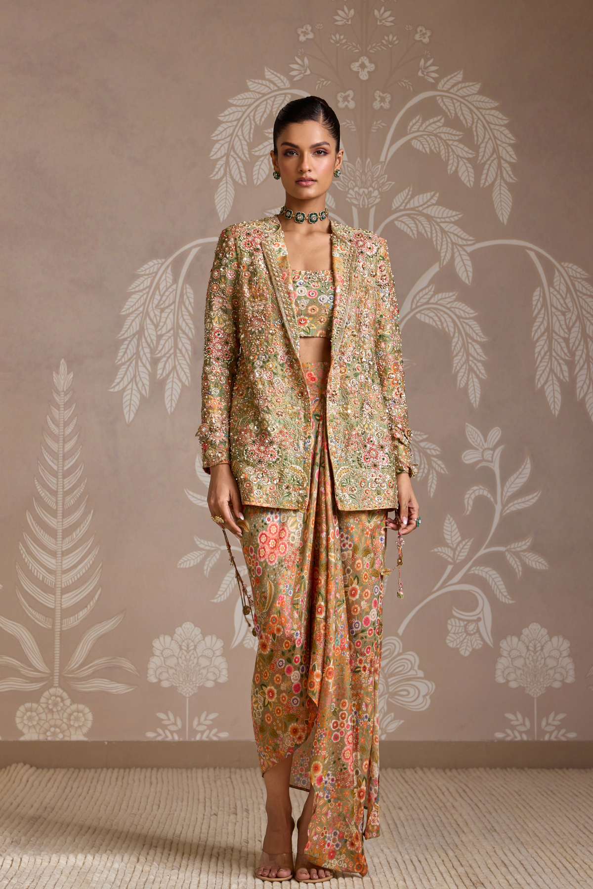 Olive Green Print Jacket Set