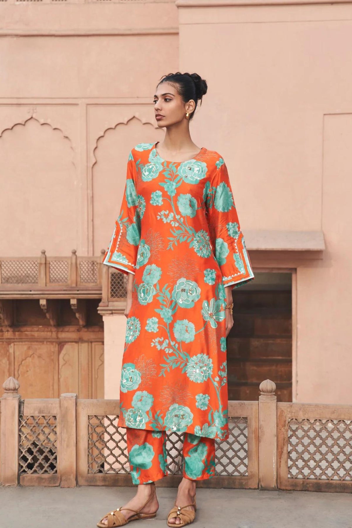 Orange Moroccan Jaal Kurta Set