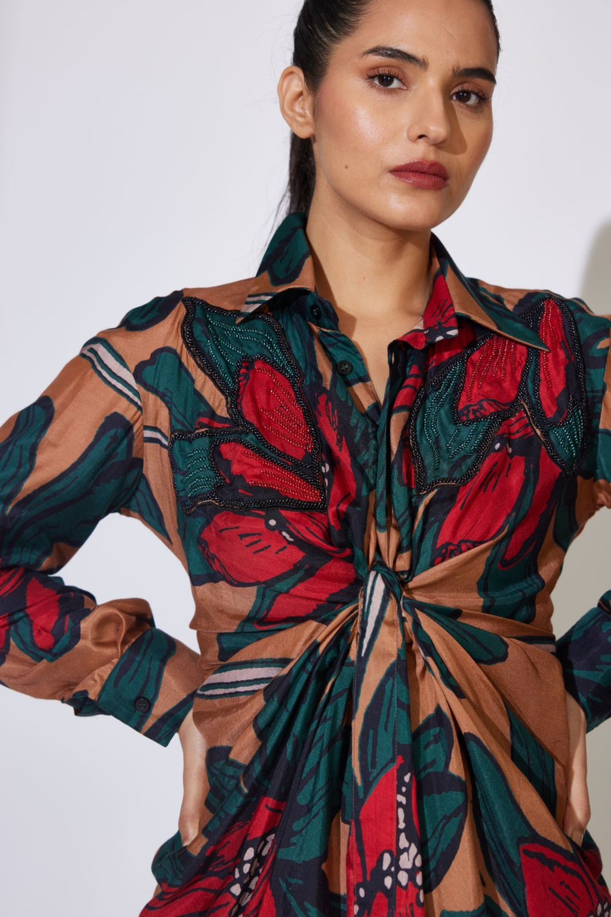 Green and Red Embroidered Shirt
