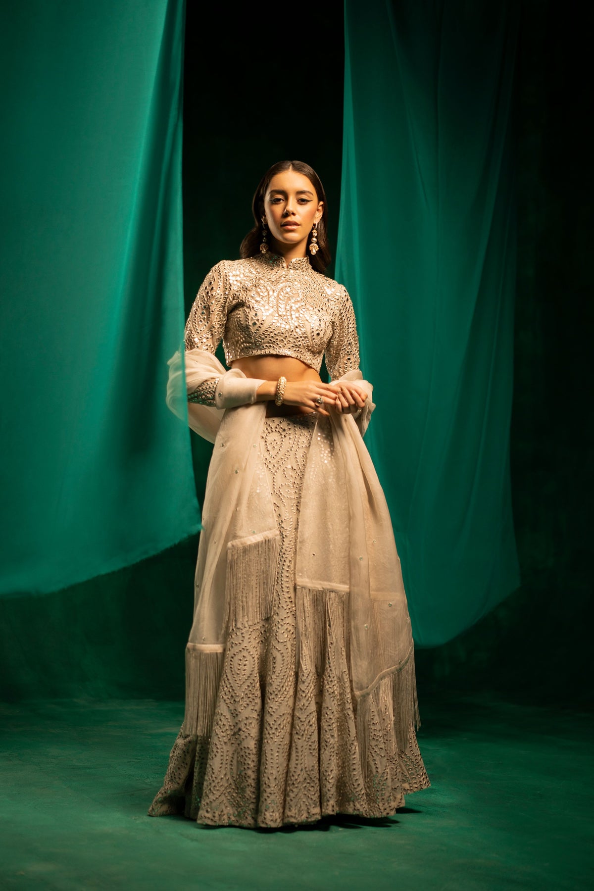 Ecru Organza Tassle Dupatta
