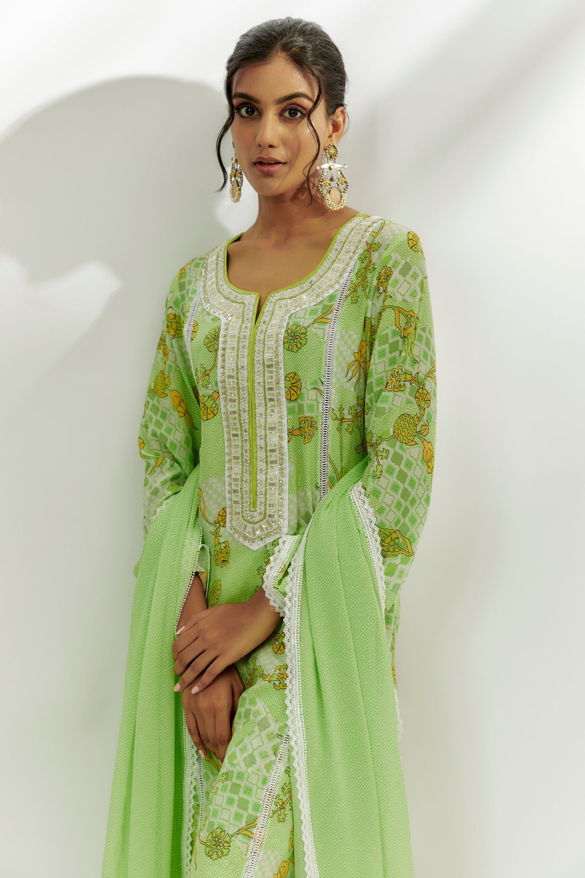 Lime Green Floral Print Kurta Set