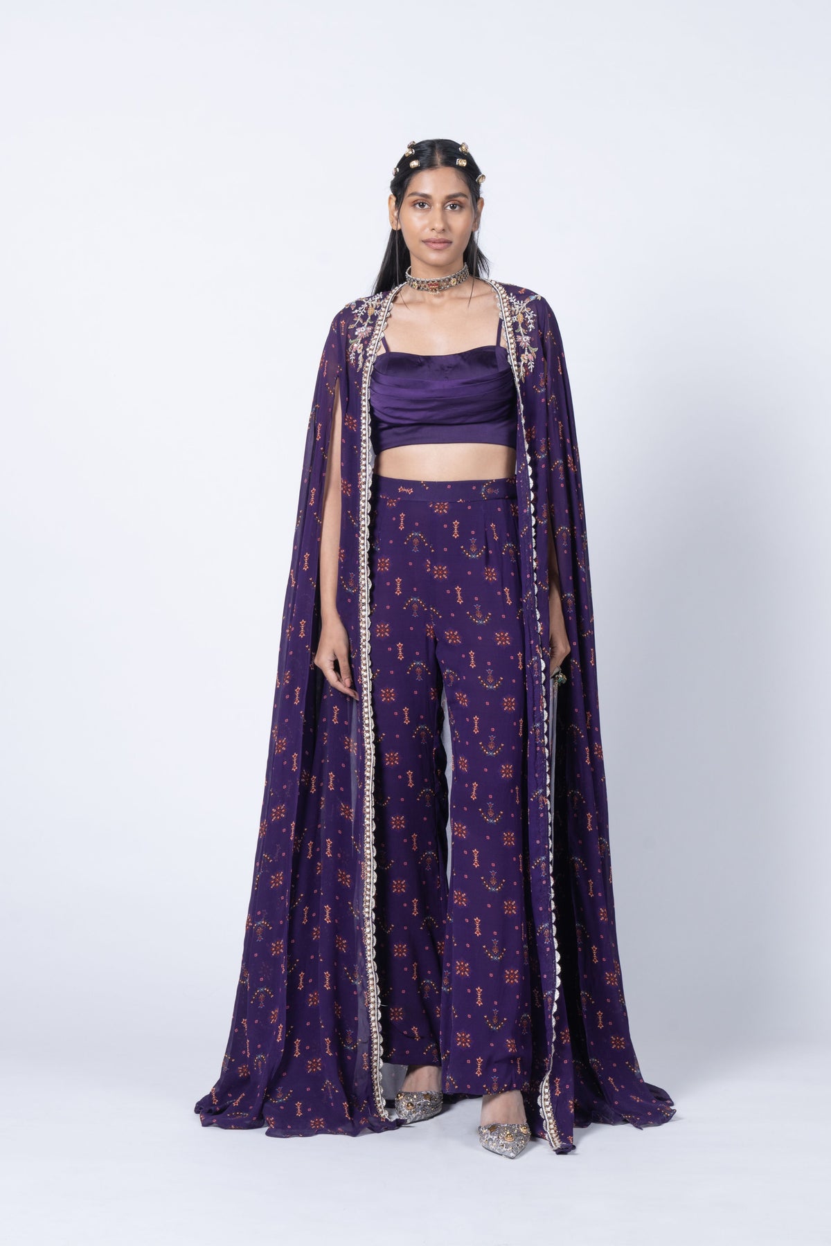 Buta Print Embellished Cape Set