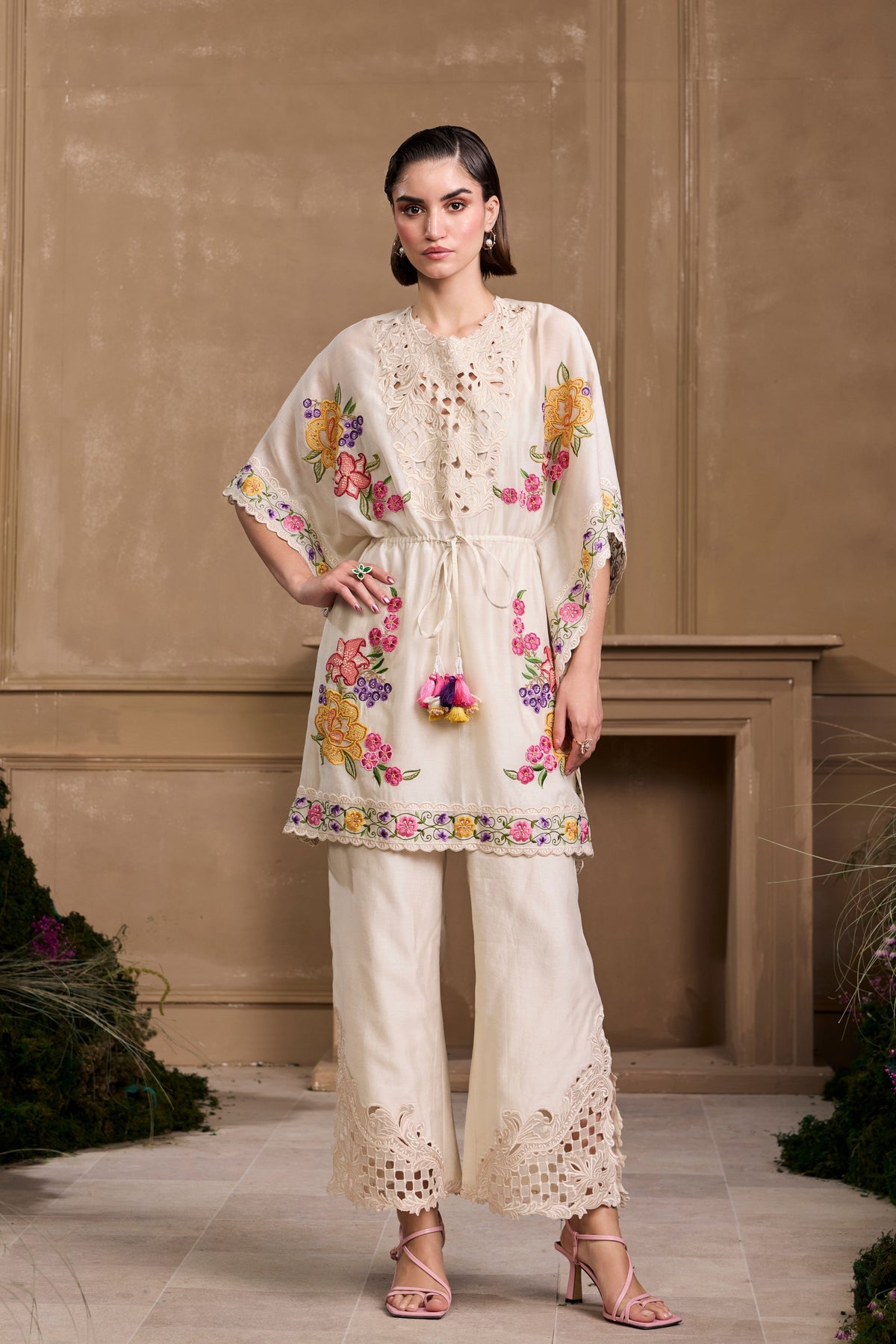 Ivory Floral Embroidered Kaftan