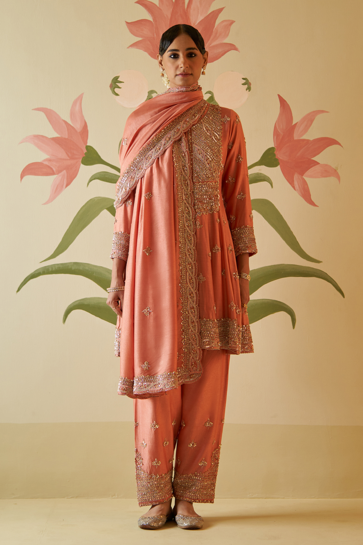 Salmon Chanderi Silk Anarkali Set