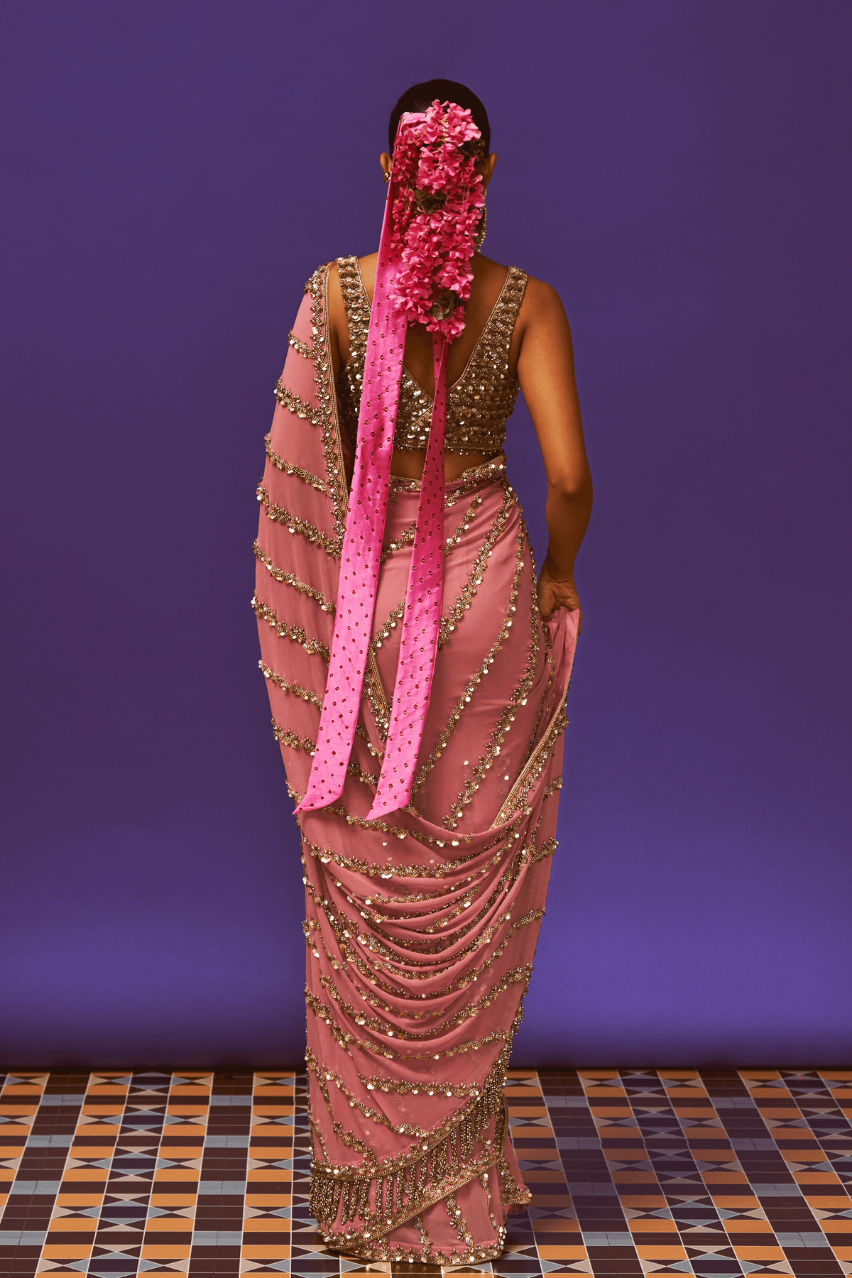 Rose Pink Pre Pleated Saree Set