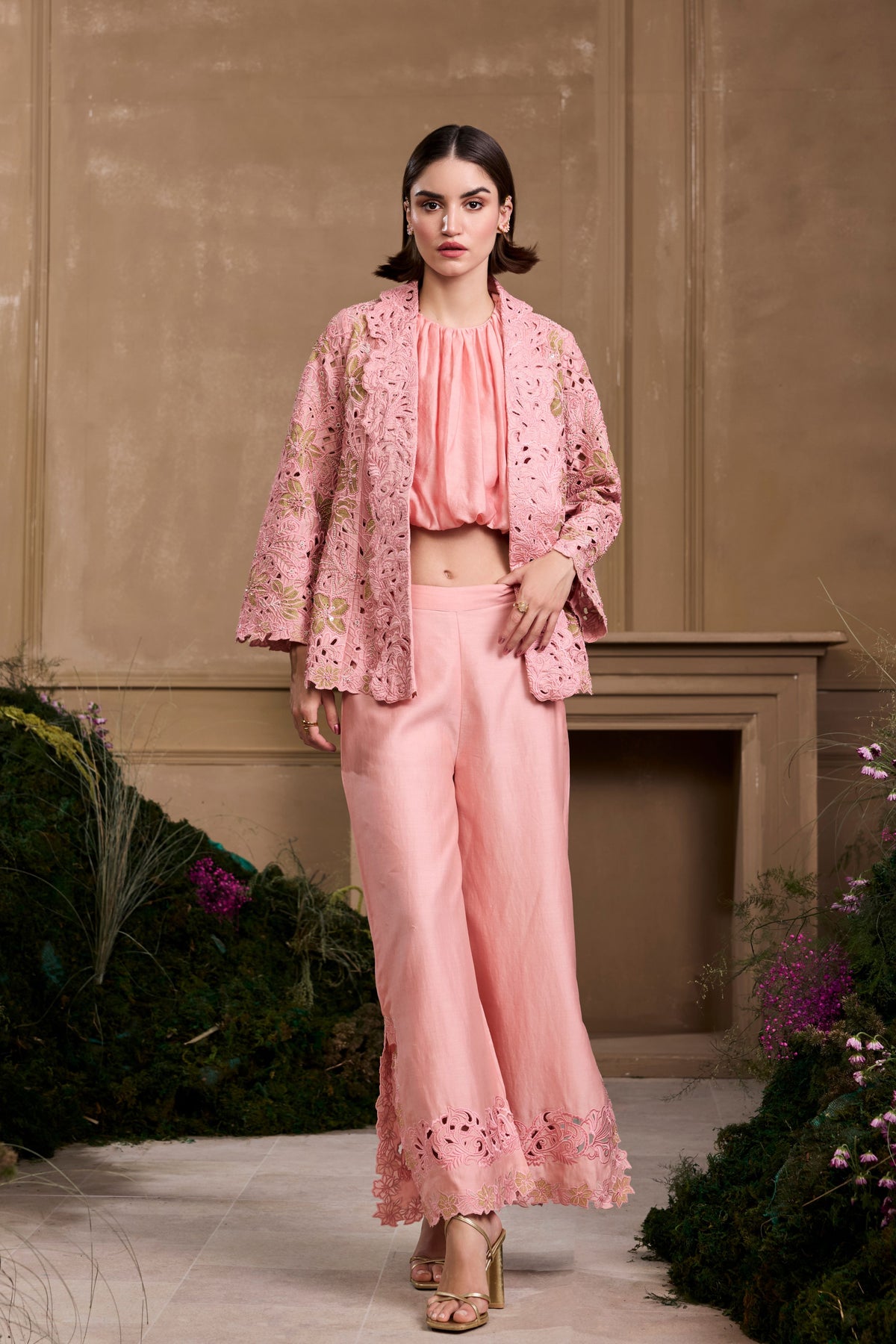 Rose Pink Cutwork Flared Jacket