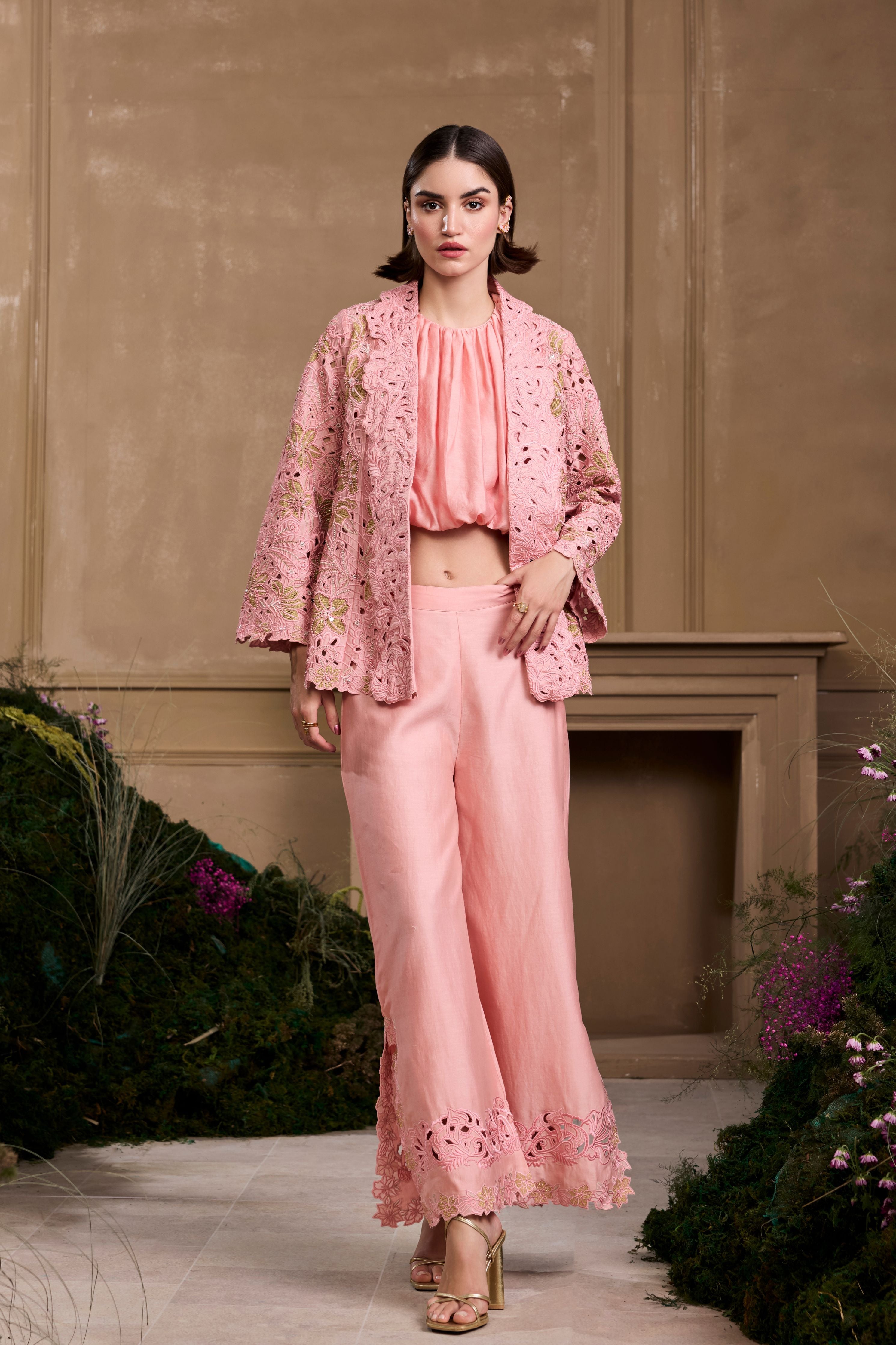 Chandrima - Rose Pink Cutwork Flared Jacket