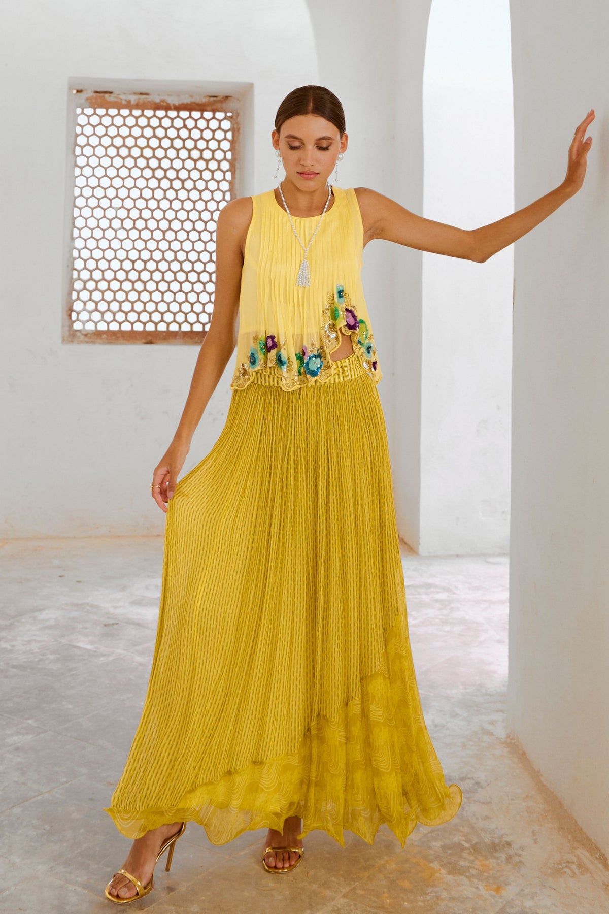 Lime Gulshan Boho Top With Skirt Set