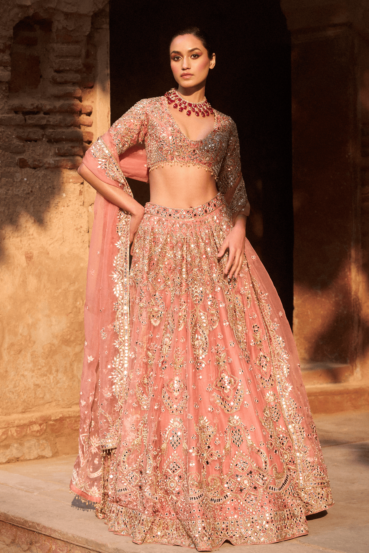 Sunkissed Coral Organza Lehenga Set