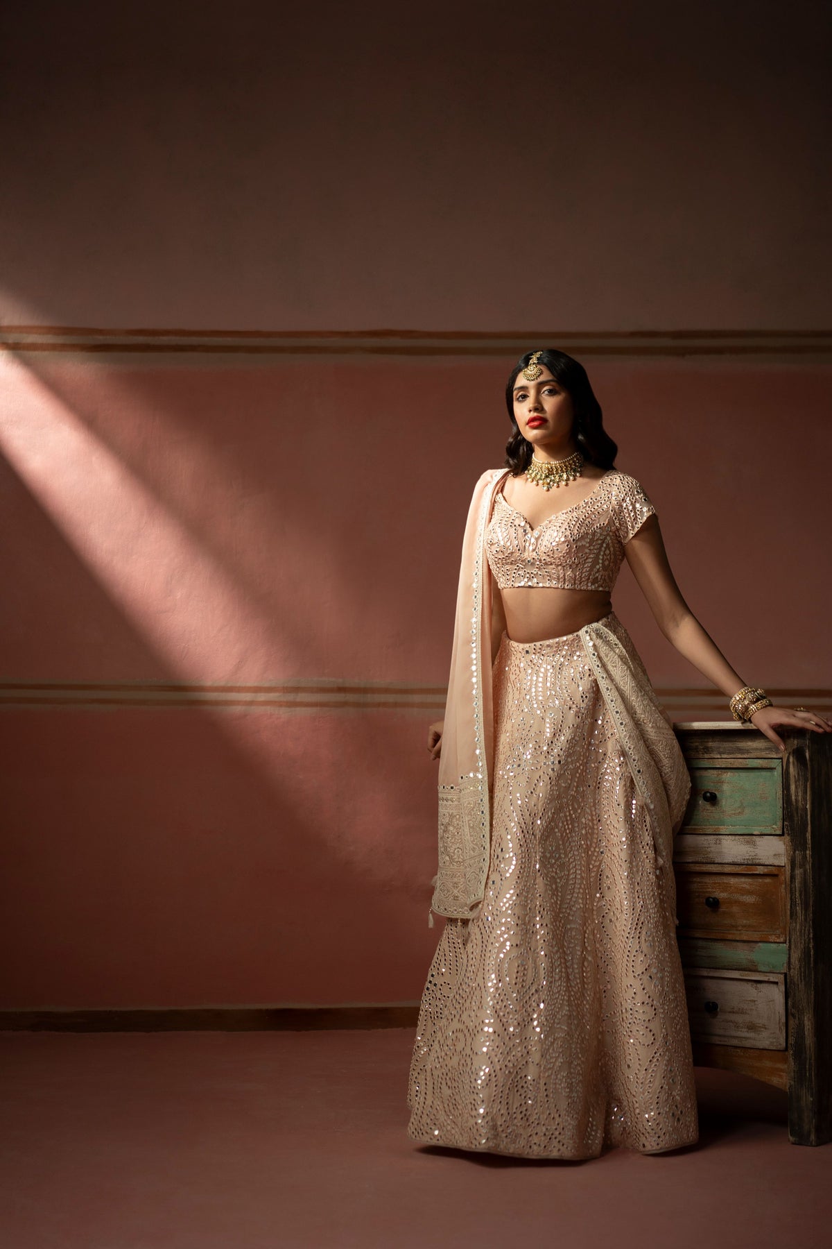 Blush Peach Mirrorwork Lehanga Set