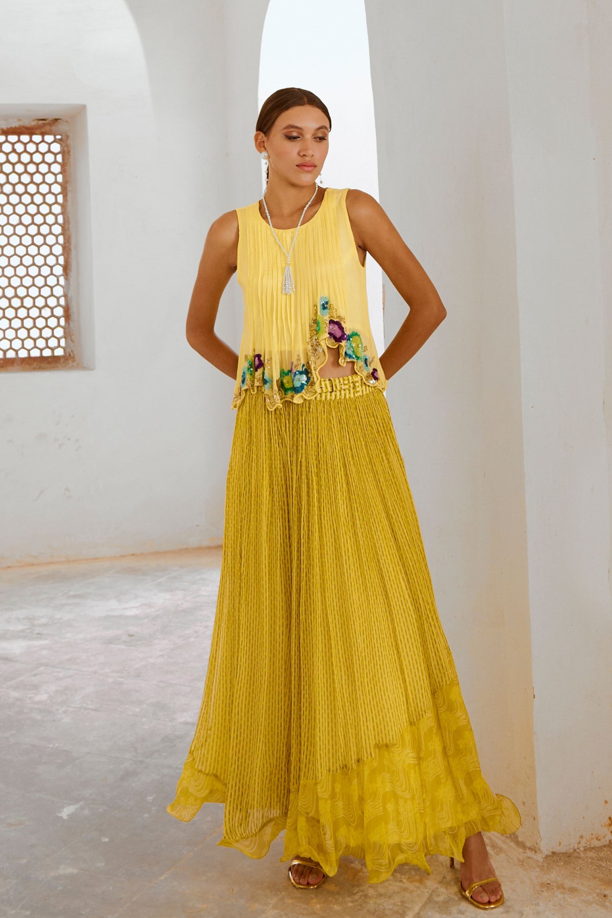 Lime Gulshan Boho Top With Skirt Set