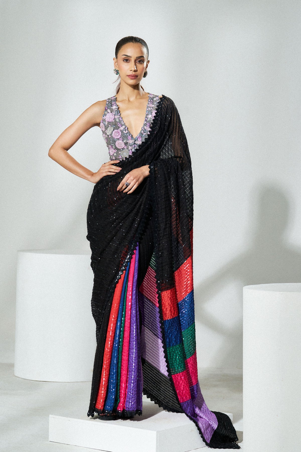 Black Multicolour Saree Set