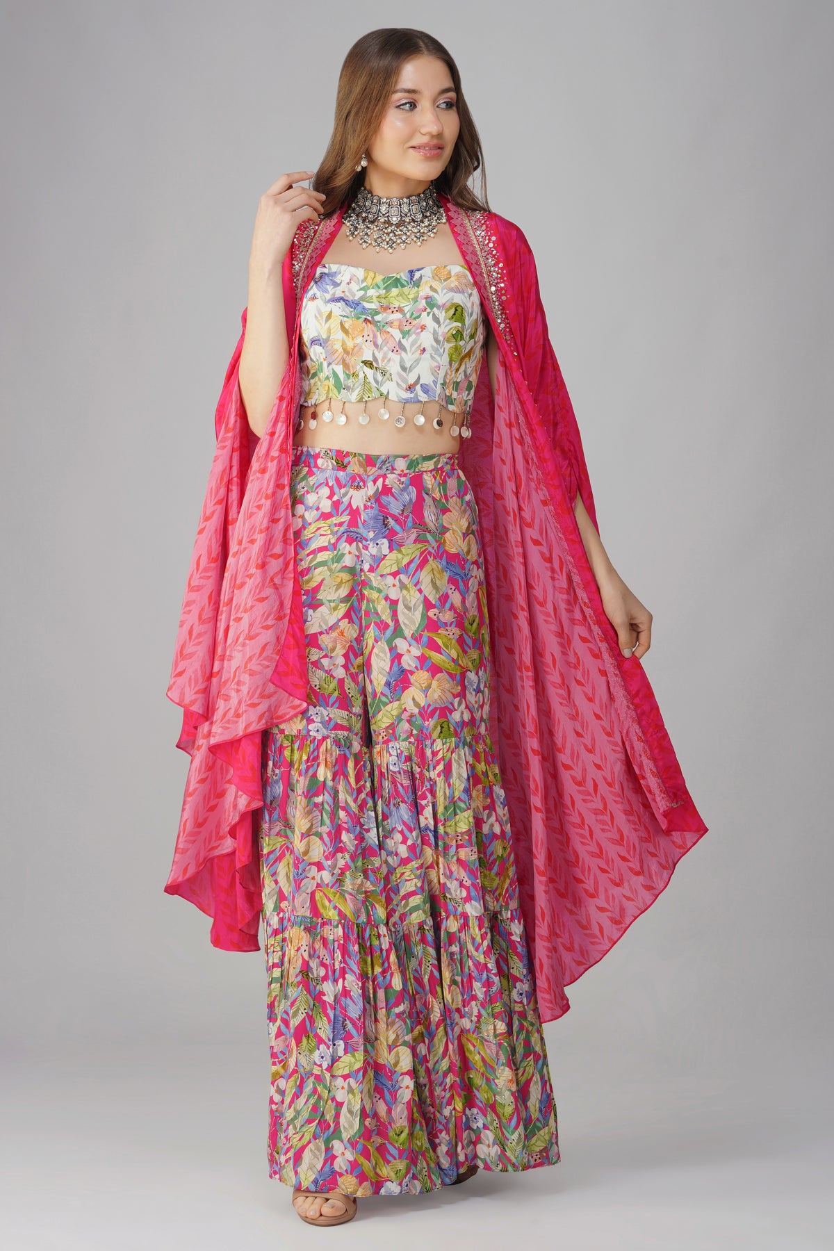 Multi Leaf Print Cape Set