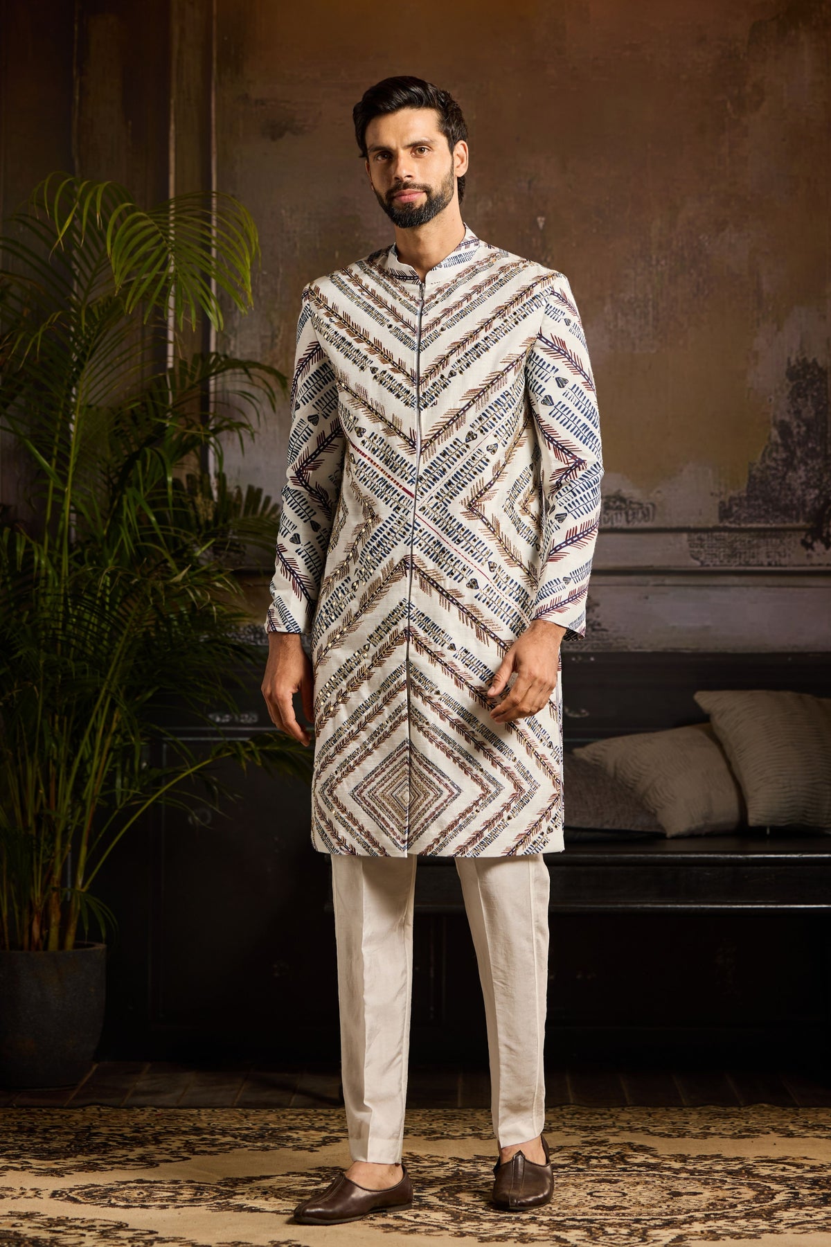 White Chevron Print Jacket Set