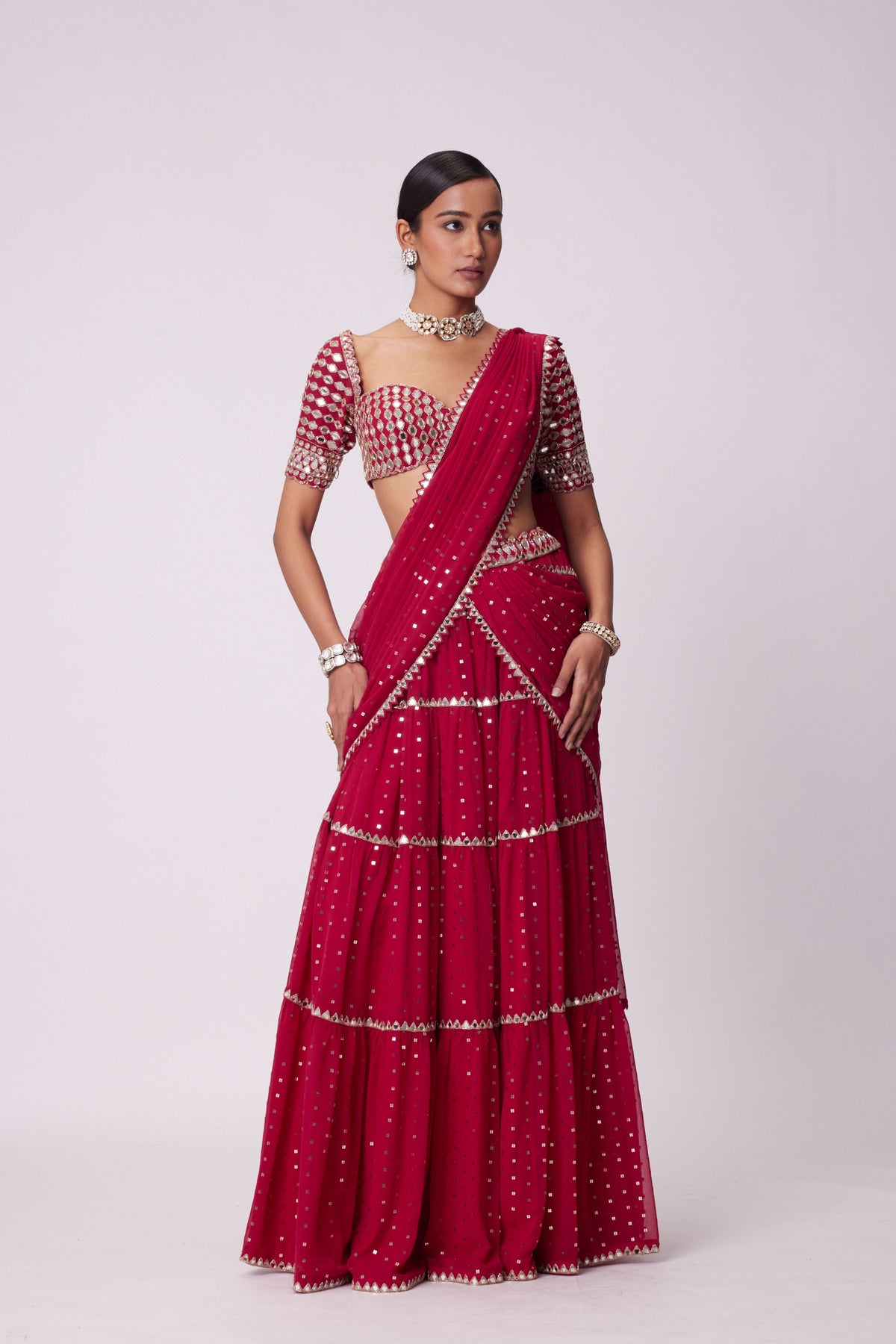Crimson Red Multitier Saree Set