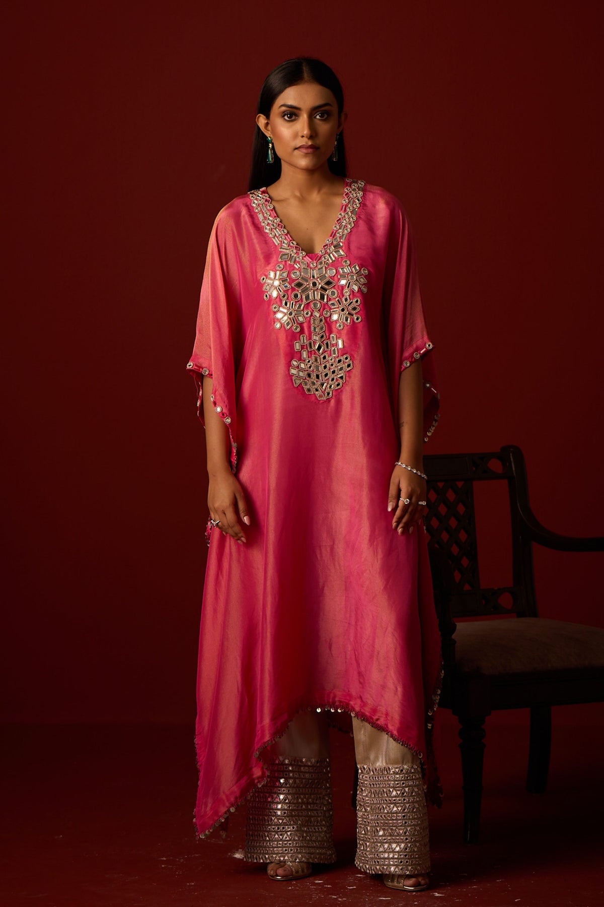 Rani Pink Mirror Work Kaftan Set