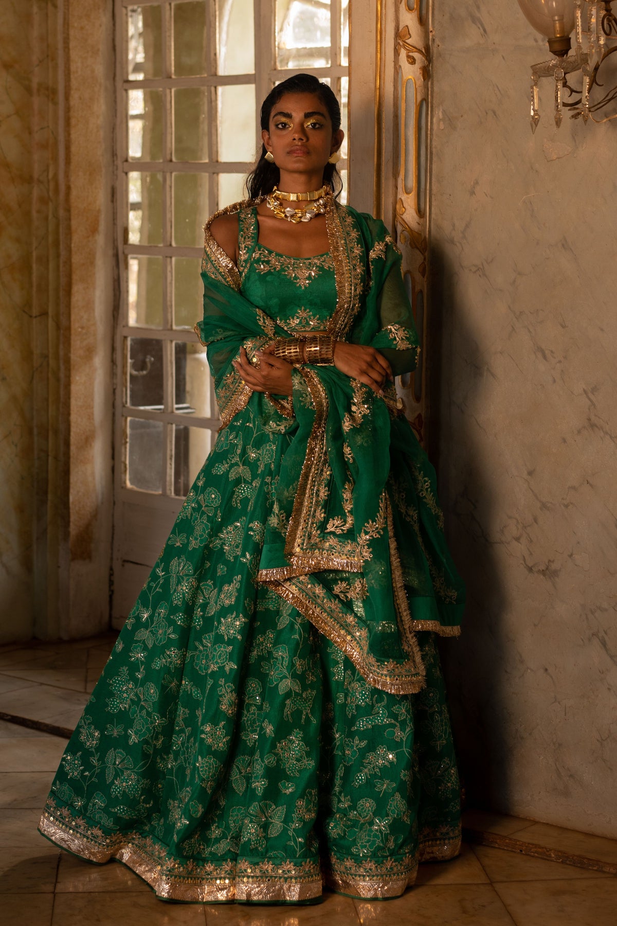 Green Self Woven Lehenga Set