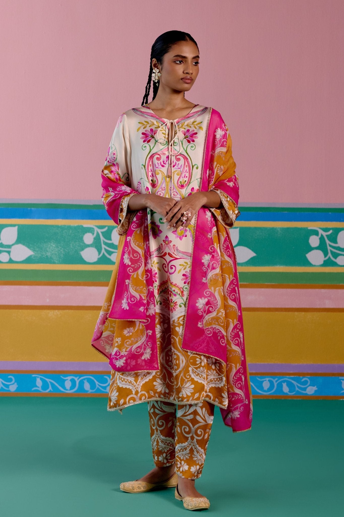 Pink Mustard Paisley Kurta Set - Label Mogra - Elahe