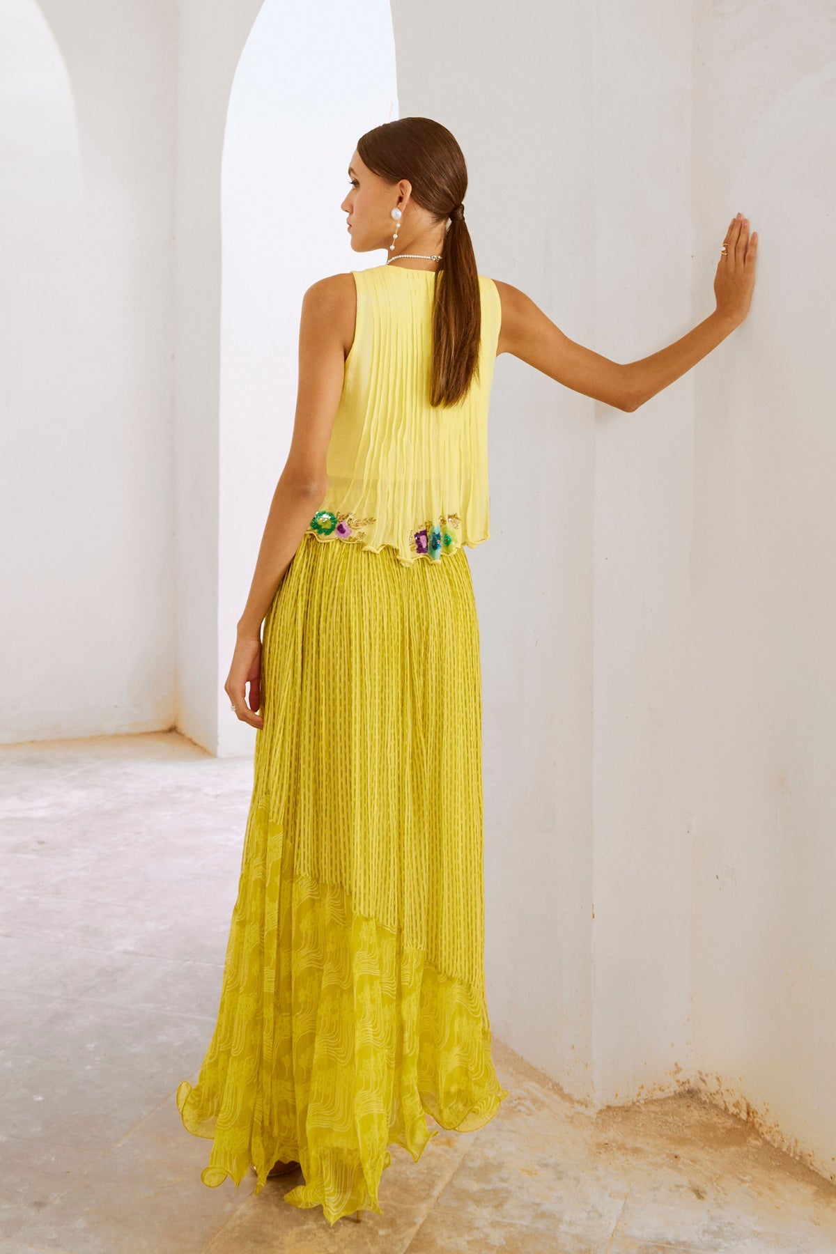 Lime Gulshan Boho Top With Skirt Set