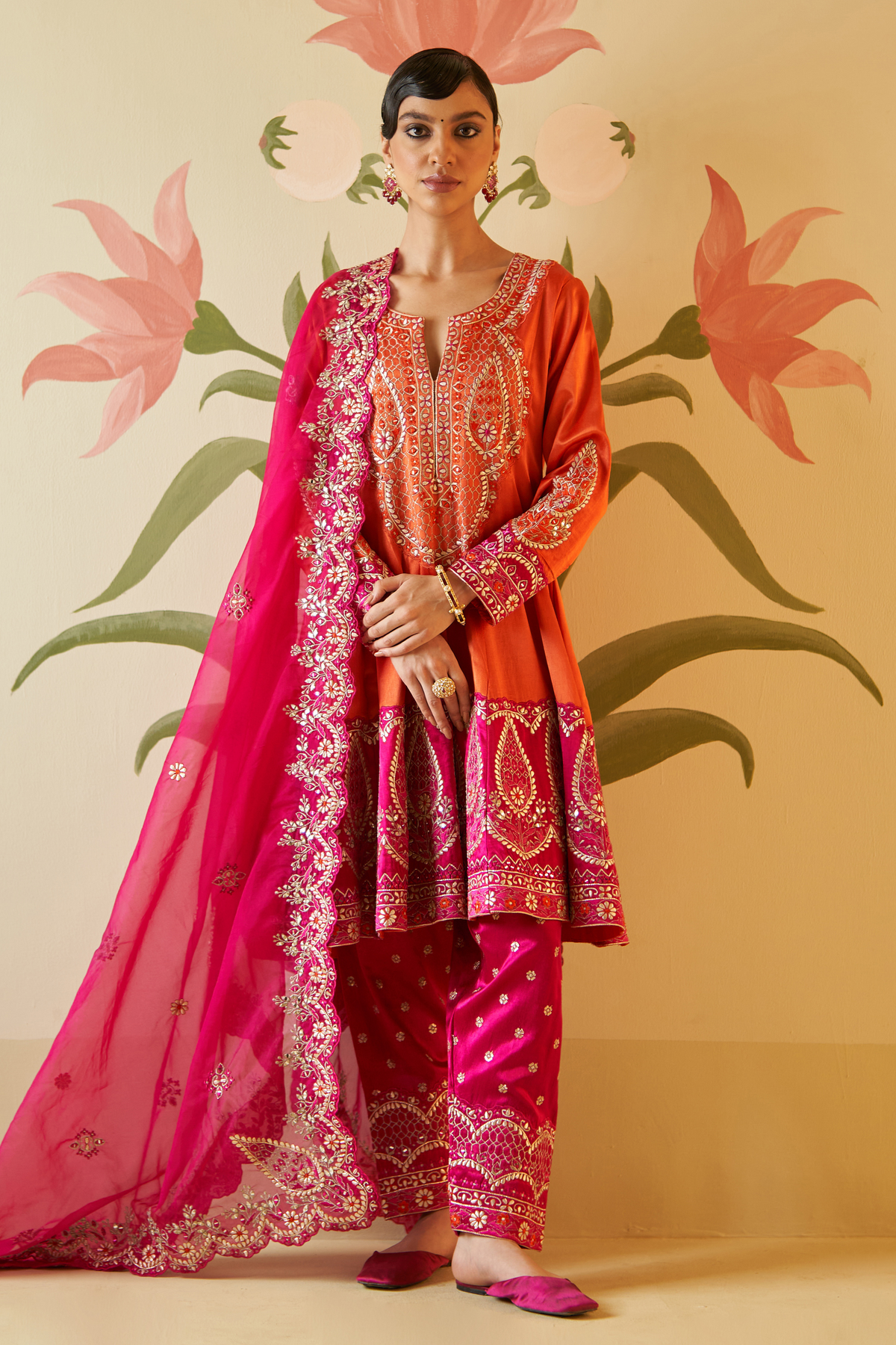 Orange Satin Silk Anarkali Set