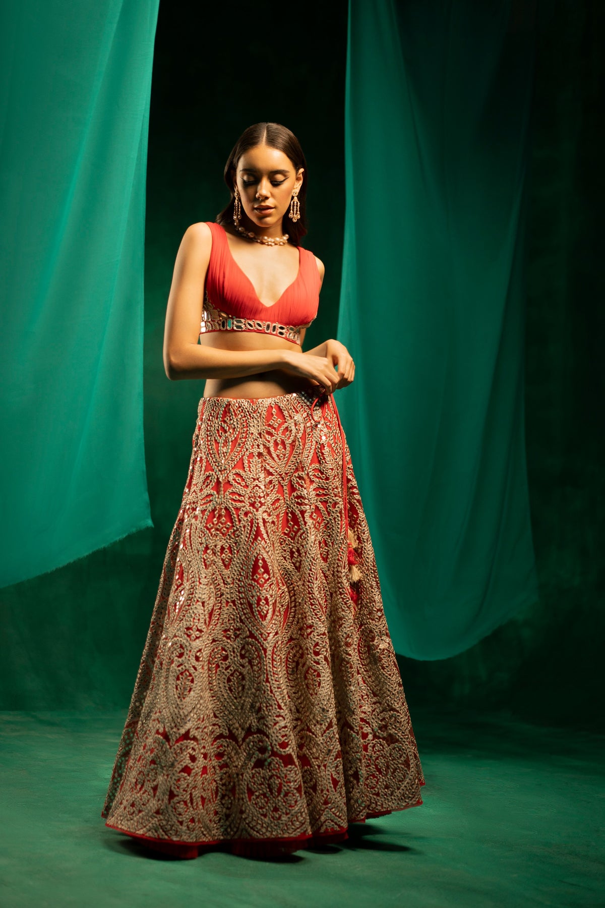 Red Mirrorwork Lehanga Set