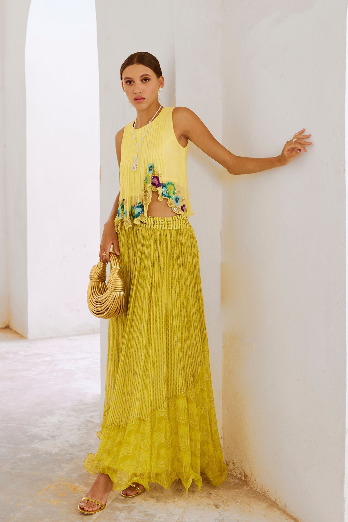 Lime Gulshan Boho Top With Skirt Set
