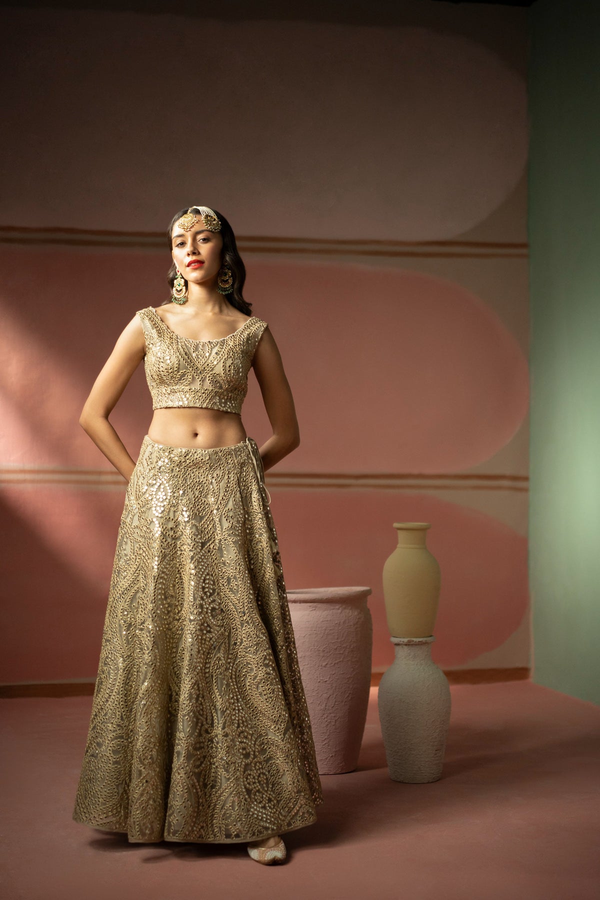 Golden Zari Mirrorwork Lehanga Set