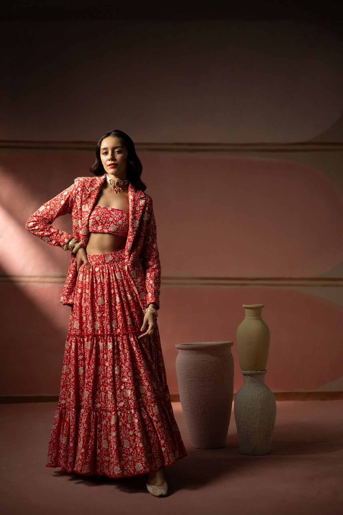 Red Chikankari Jacket Lehanga Set