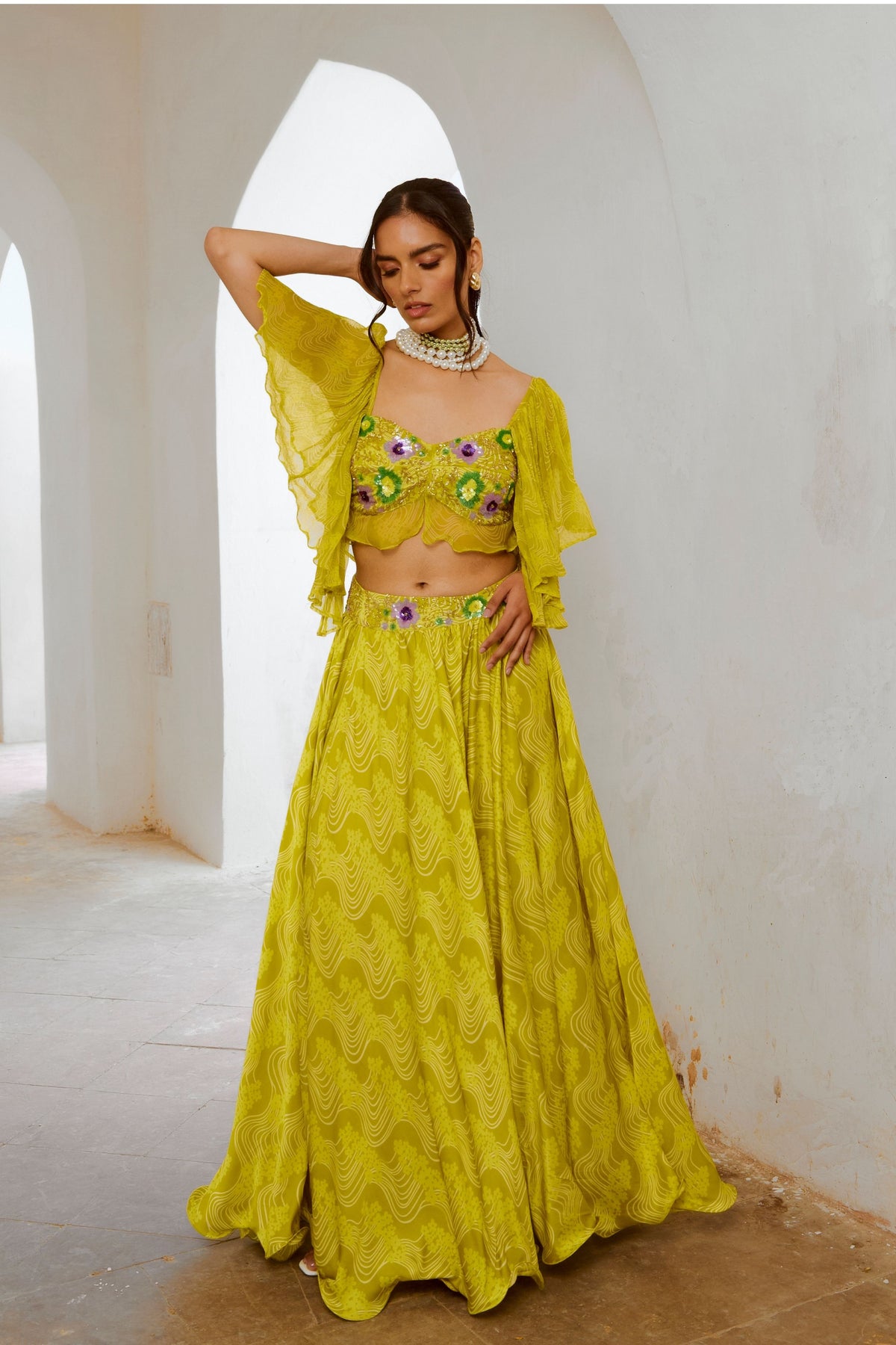 Lemon Green  Butterfly Boho Blouse Skirt Set
