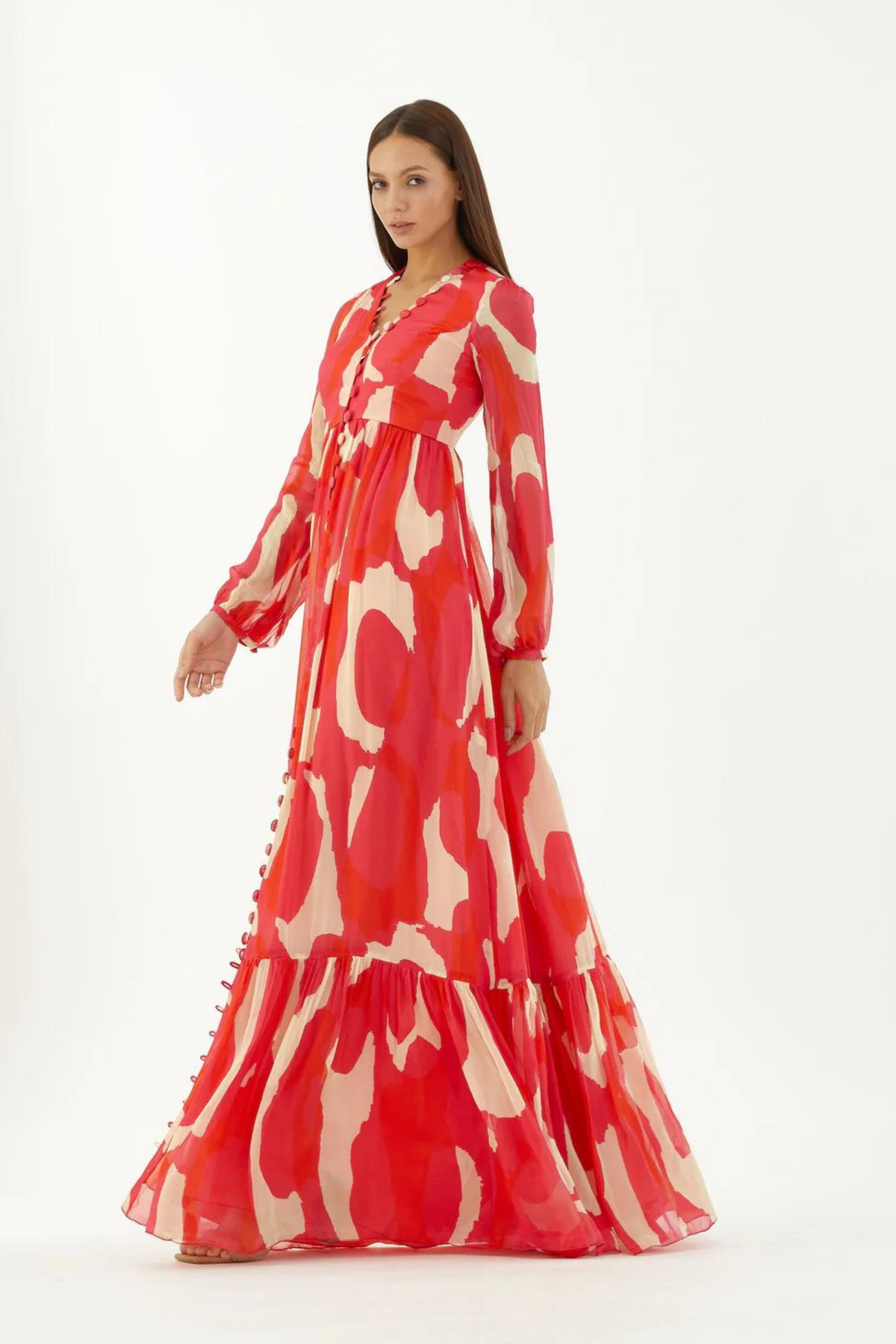 Hot Pink, Red And Beige Abstract Long Dress