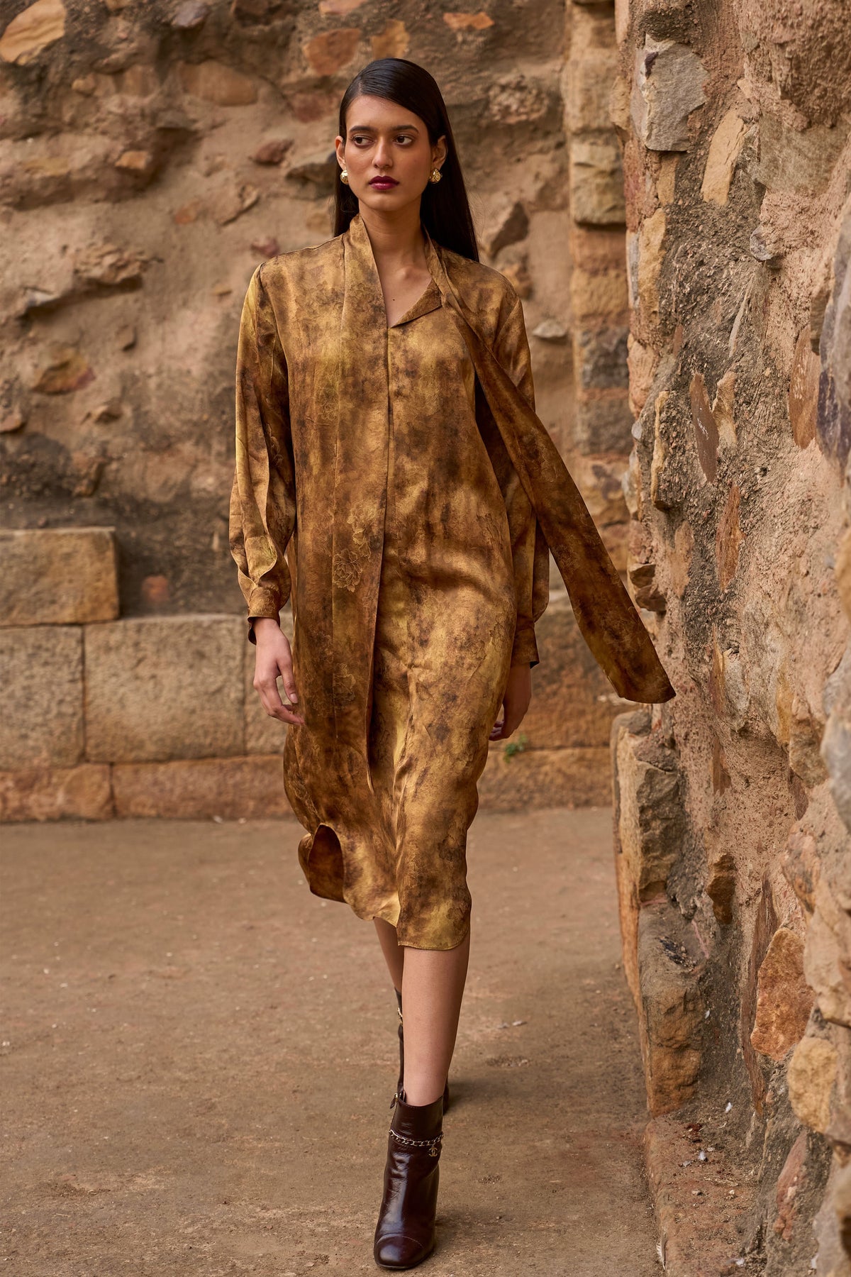 Mustard Neck Scarf Dress