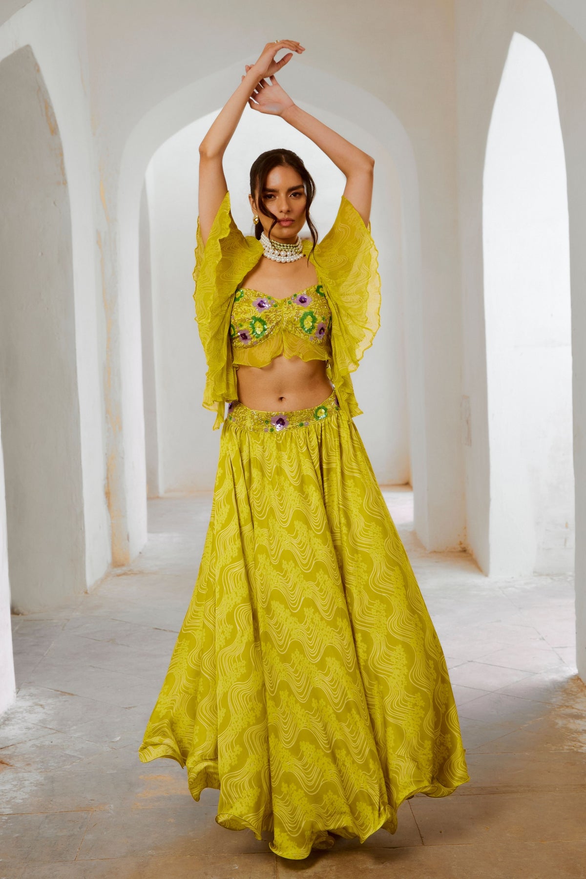 Lemon Green  Butterfly Boho Blouse Skirt Set
