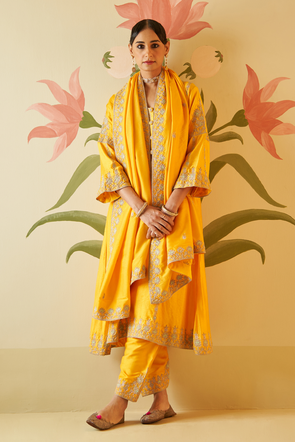 Yellow Chanderi Silk Choga Set