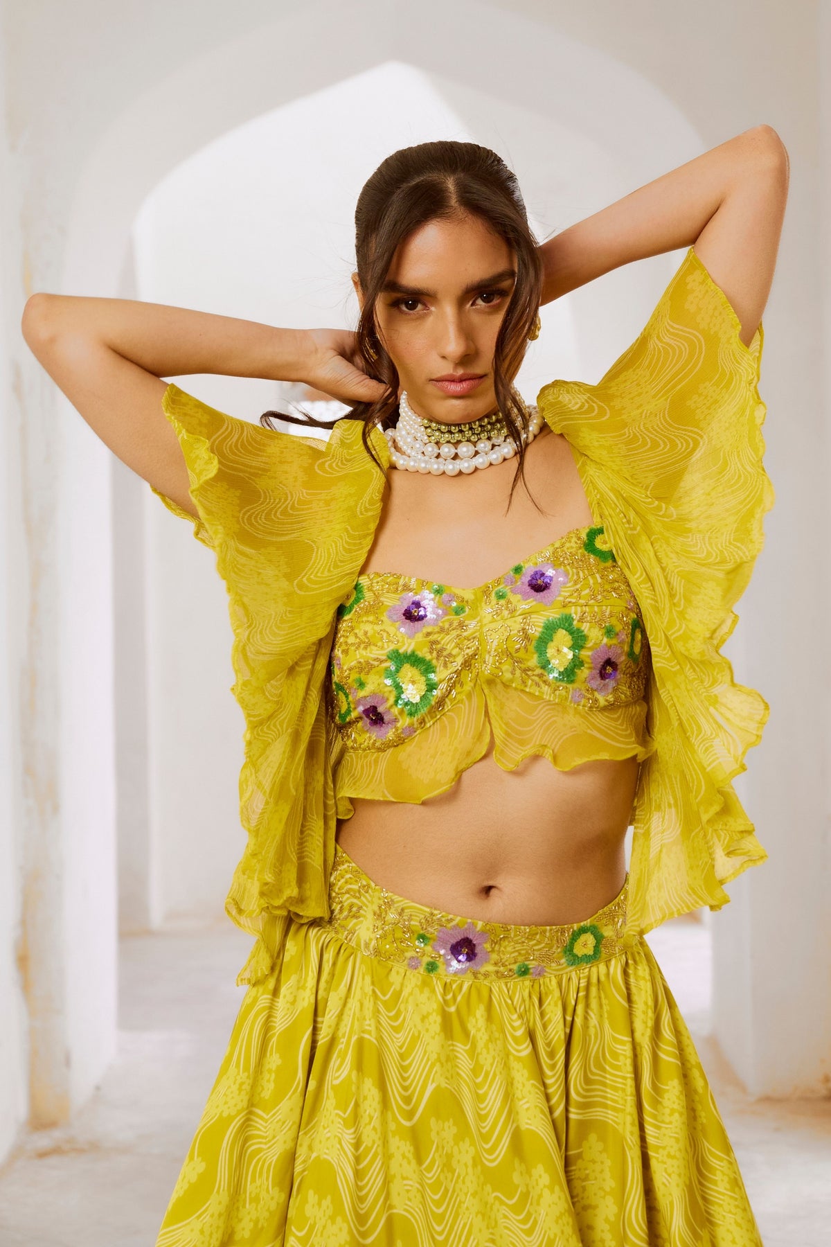 Lemon Green  Butterfly Boho Blouse Skirt Set